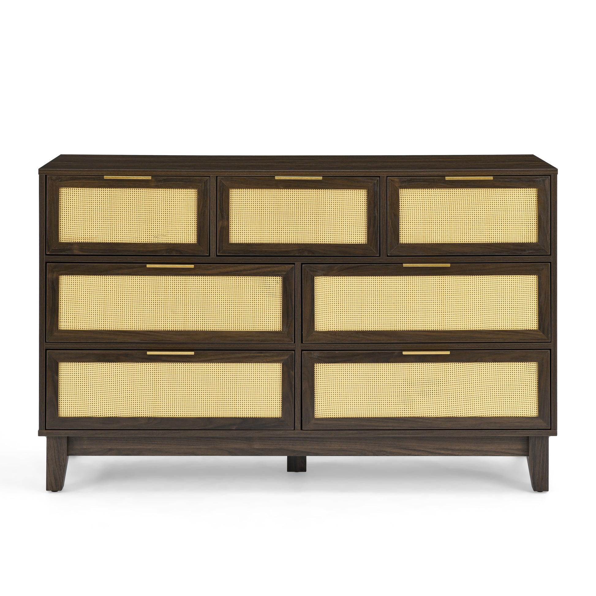 Bedroom 7 Drawer Dresser, Rattan Dresser Modern Wooden Chest Of Drawers With Spacious Storage Space For Bedroom Hallway Living Room Walnut Solid Wood Mdf