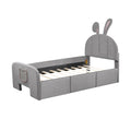 Twin Size Velvet Platform Bed With Rabbit Shaped Headboard, With Drawers, With Bed End Storage Pocket, Gray Twin Gray Plywood