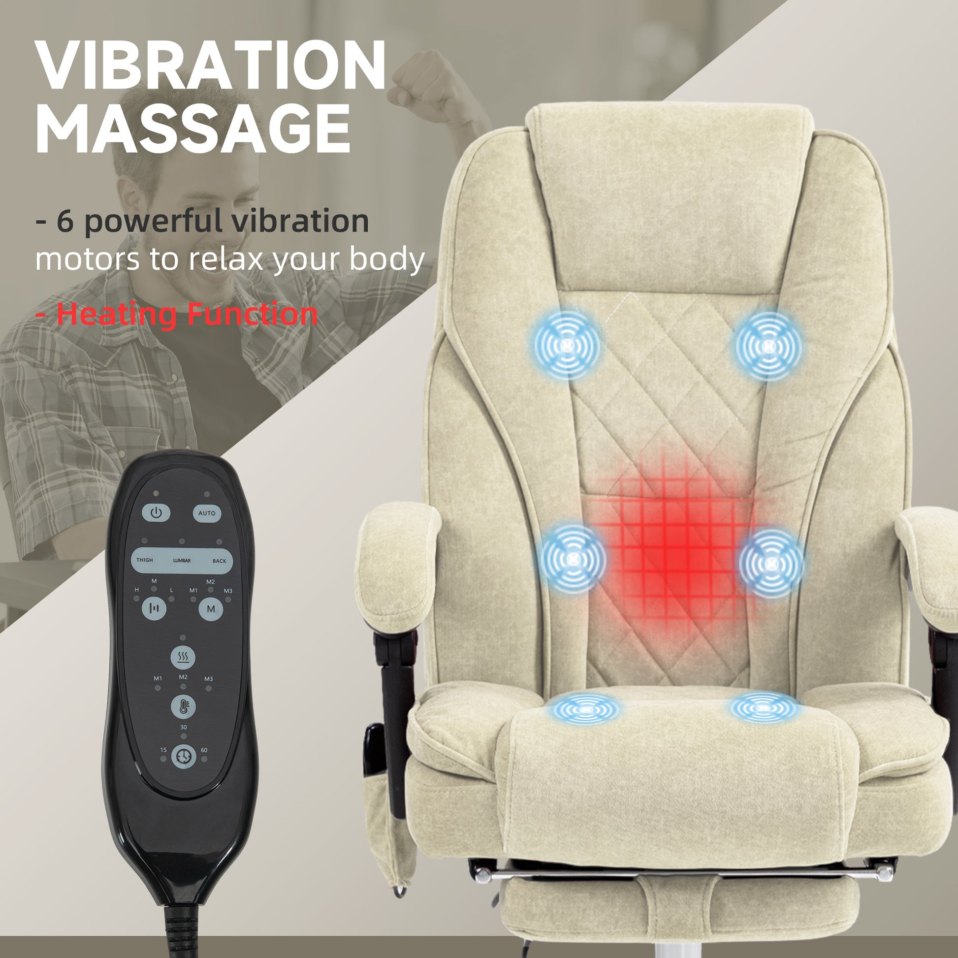 Vinsetto Massage Office Chair With Foot Rest, Executive Office Chair With 6 Vibration Point And Heat, Reclining Computer Chair, Swivel Desk Chair, Adjustable Height, Beige Beige Polyester