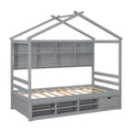 Twin House Bed With Roof Frame, Bedside Shelves, Under Bed Storage Unit,Grey Twin Grey American Design Pine