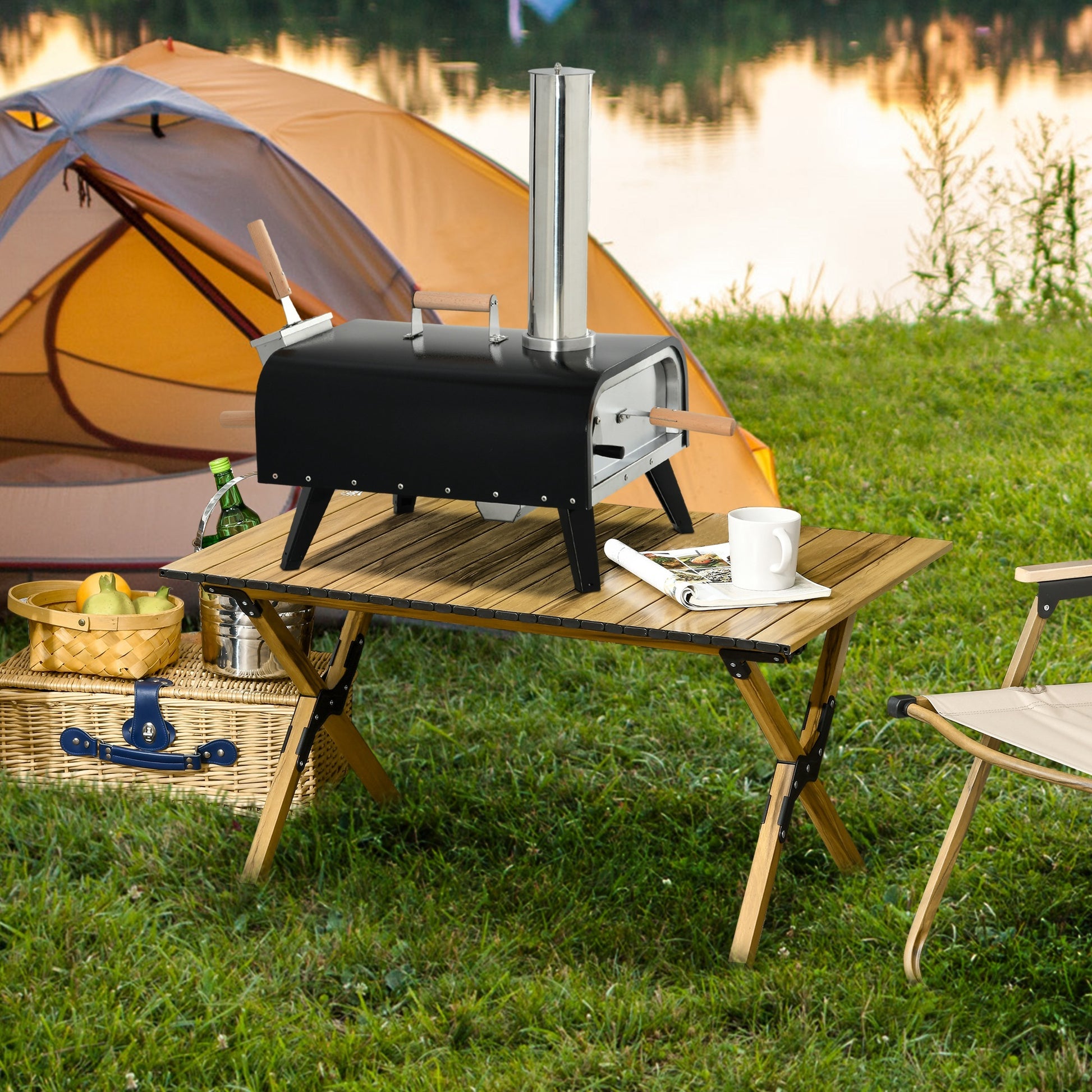 Outsunny Outdoor Pizza Oven With 12" Rotating Stone, Peel And Cover, Portable Pellet Wood Fired Pizza Maker With Foldable Legs, Stainless Steel Pizza Grill For Outside, Backyard, Outdoor Kitchen Black Steel