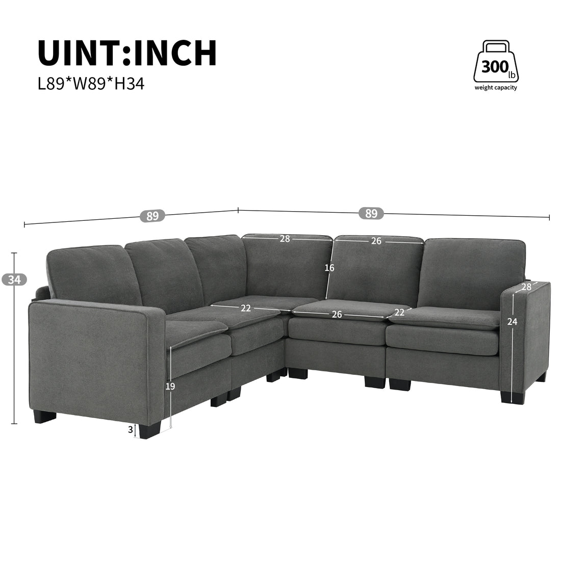 89*89" Oversized Velvet Modern Sectional Sofa,Large L Shaped Upholstered Indoor Furniture With Double Cushions,5 Seat Cloud Corner Couch For Living Room,Apartment,Office,2 Colors Gray Fabric 5 Seat