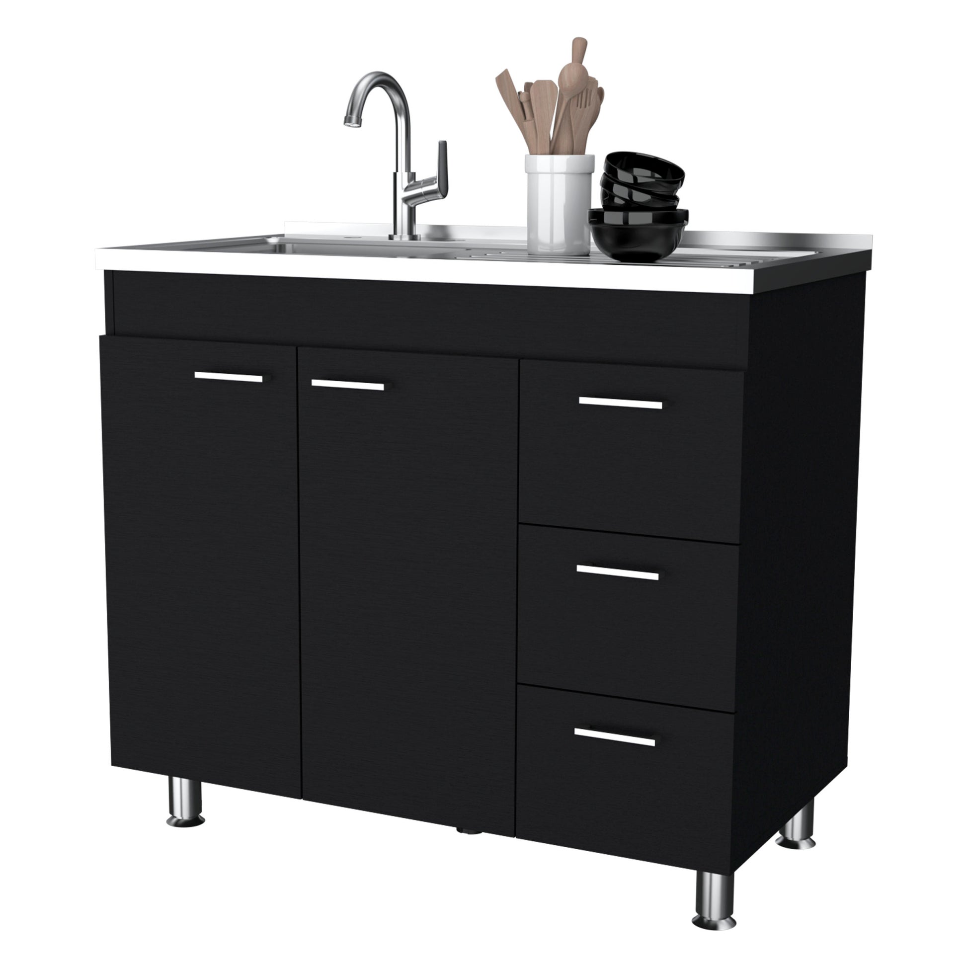 Darien Melamine Base Cabinet, Three Drawers And Stainless Steel Top. Black Kitchen Contemporary Pine Particle Board Melamine