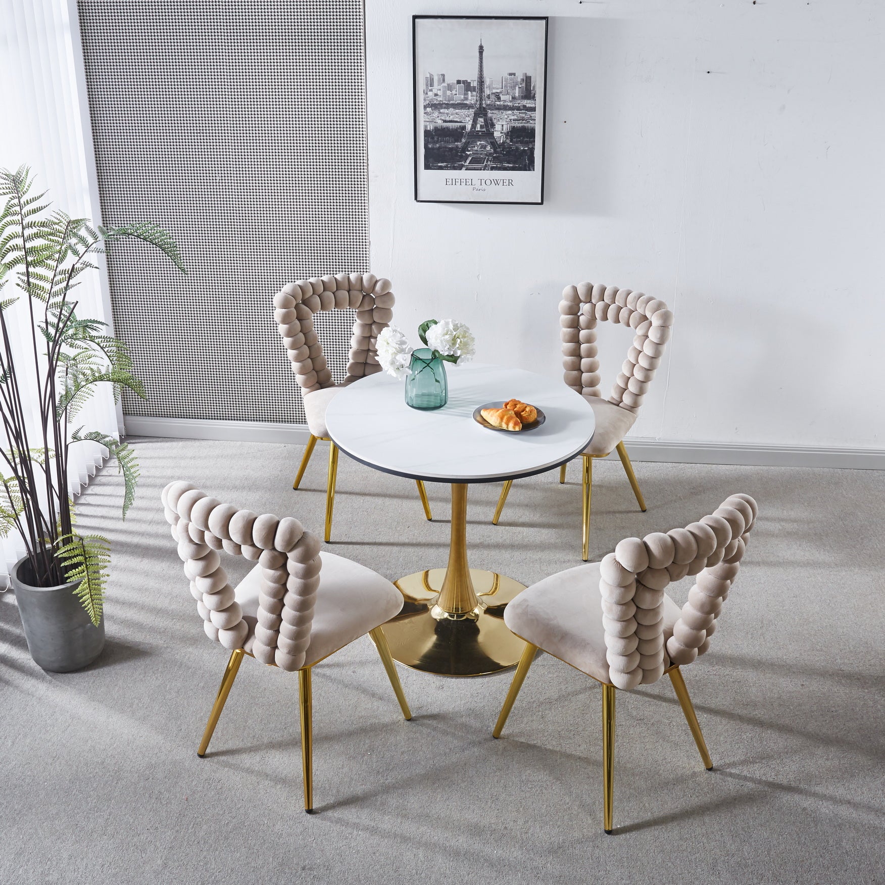 White And Gold Modern Chair Set Of 4 With Iron Tube Legs, Soft Cushions And Comfortable Backrest, Suitable For Dining Room, Living Room, Cafe,Hairball Back White Gold Fabric