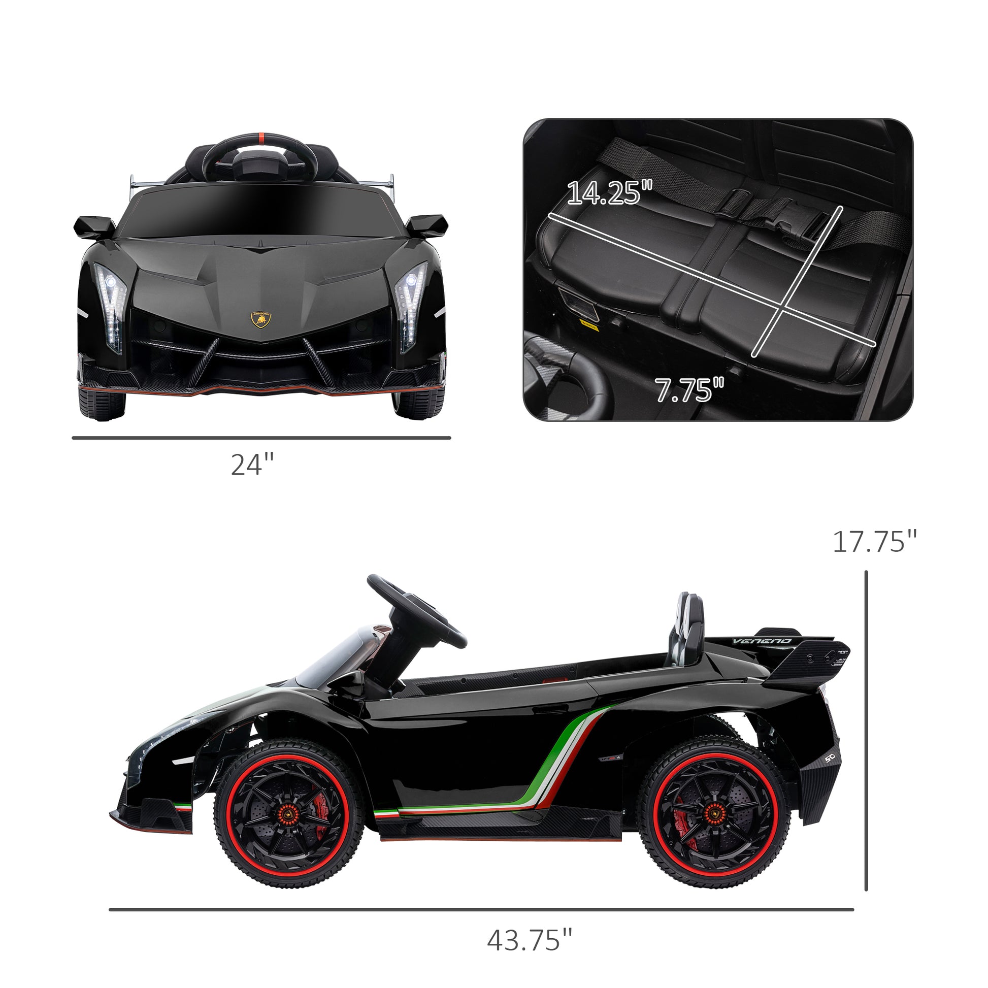 Aosom Lamborghini Veneno Licensed Kids Electric Car With Bluetooth, 12V Ride On Car With Butterfly Doors, Remote Control, Portable Battery, Suspension System, Horn, Songs, Lights, Black Black Plastic