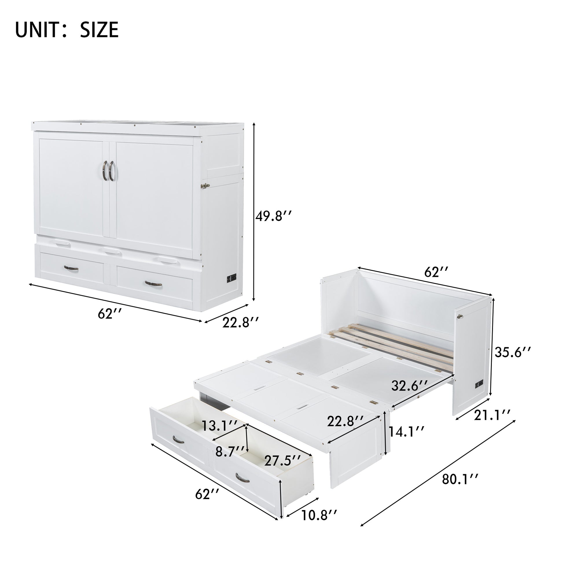 Queen Size Murphy Bed With Usb Ports, Large Drawers And Metal Handles, White Queen White Solid Wood Mdf