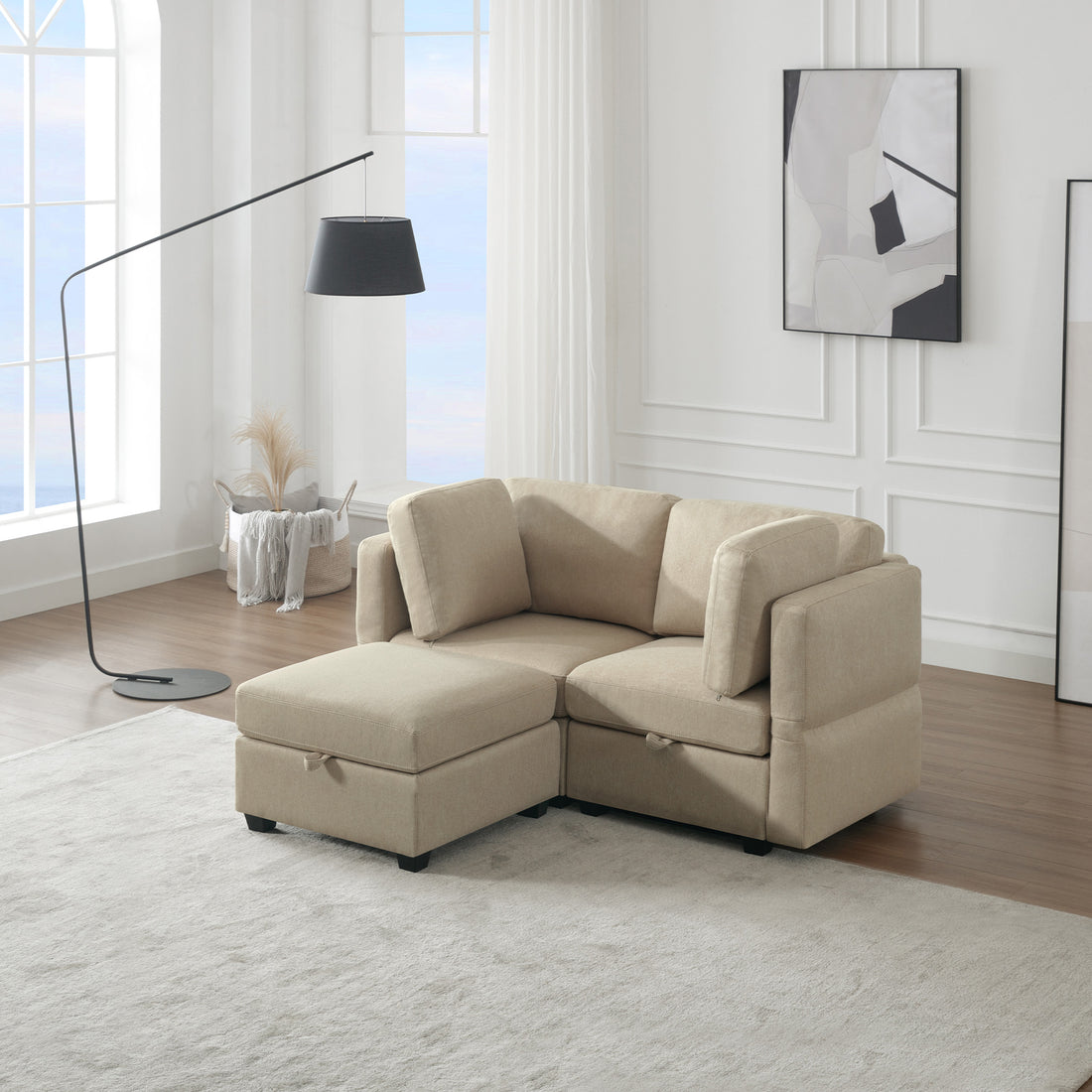 Space Saving Small Sectional Sofa With Ottoman, 2 Seater Sofa With 1 Ottoman, All Seats And Ottomans With Storage Function Beige Beige Fabric 2 Seat