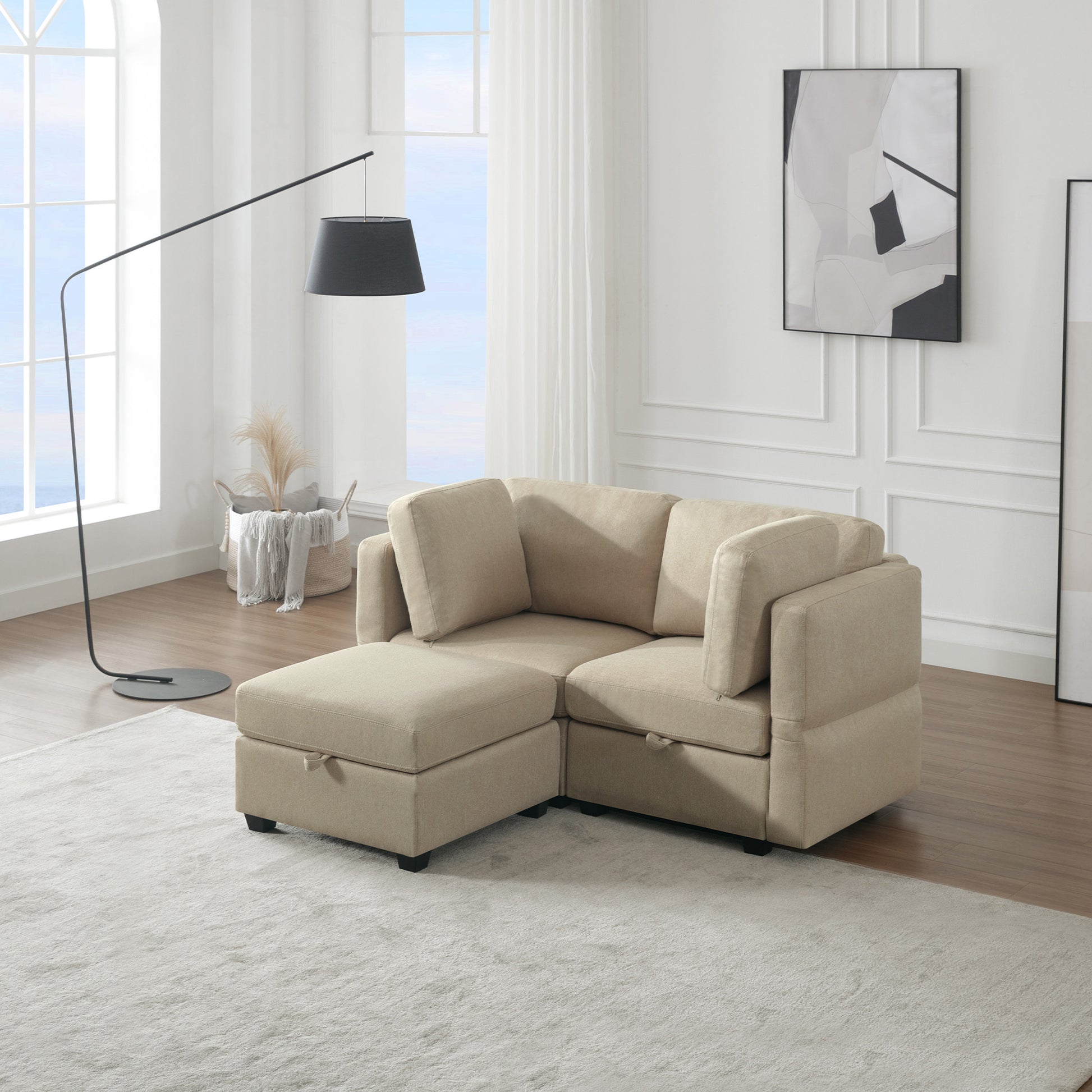 Space Saving Small Sectional Sofa With Ottoman, 2 Seater Sofa With 1 Ottoman, All Seats And Ottomans With Storage Function Beige Beige Fabric 2 Seat