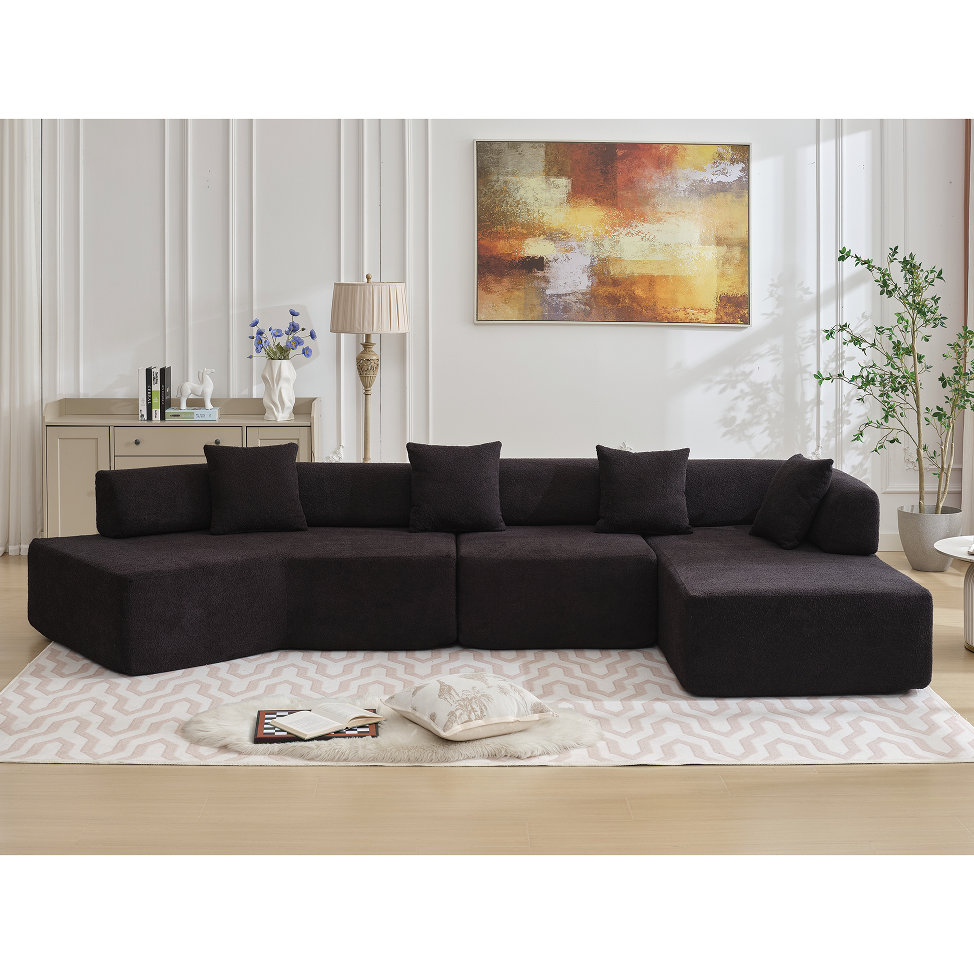 Arrived Modern Minimalist 140" L Shape Couch ,No Assembly Required,Boucle,Modular Sofa ,Couch With Chaise,Free Combination Foam Filled Sofa, 4 Seats,Black Black Polyester Primary Living Space Soft Modern Foam Polyester 4 Seat