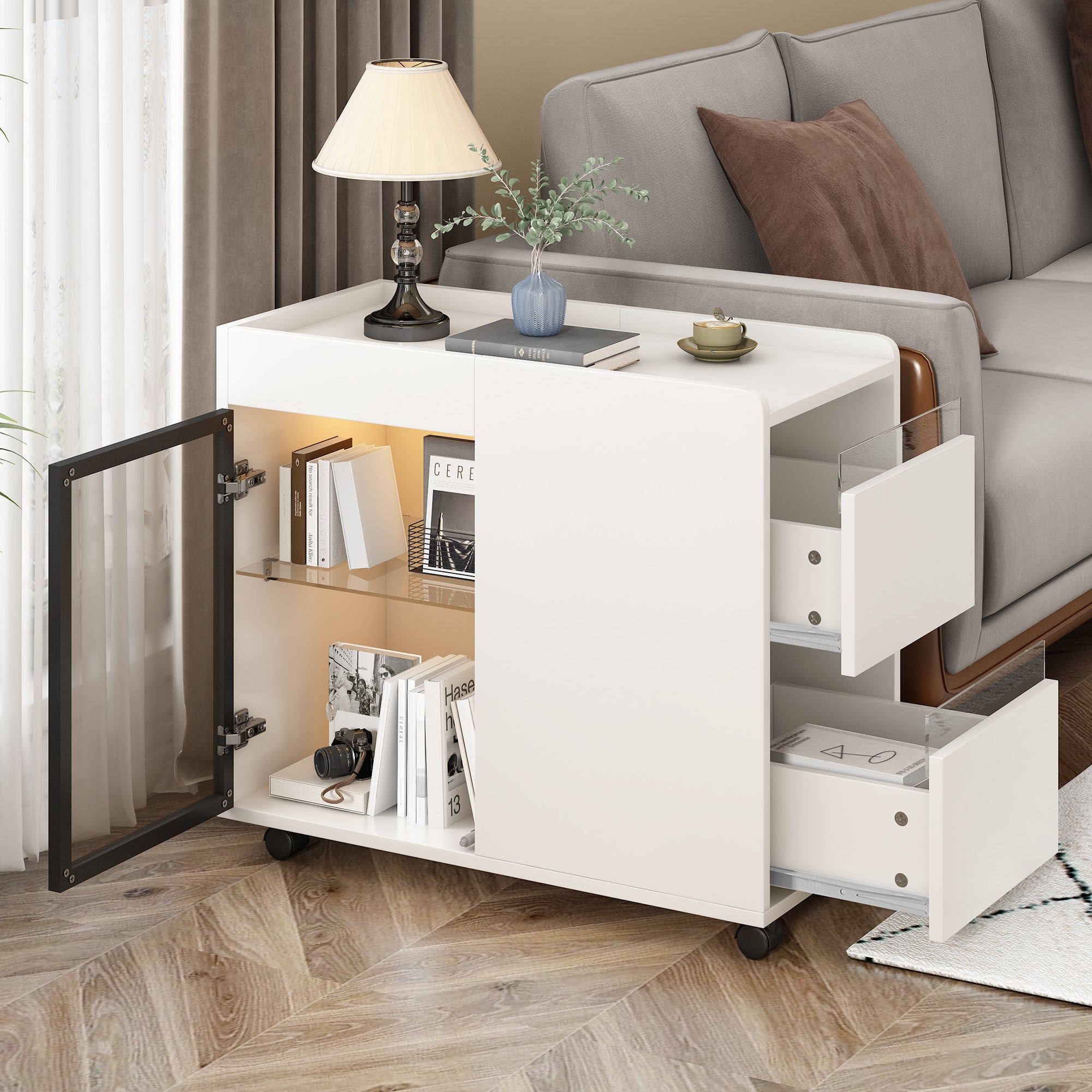 Modern End Table With Led Light And Wheels, Side Table With Transparent Brown Glass Door, 2 Storage Shelves And Drawers For Living Room, White White Mdf