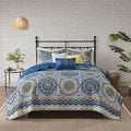 6 Piece Reversible Quilt Set With Throw Pillows Blue Full Queen Blue Cotton