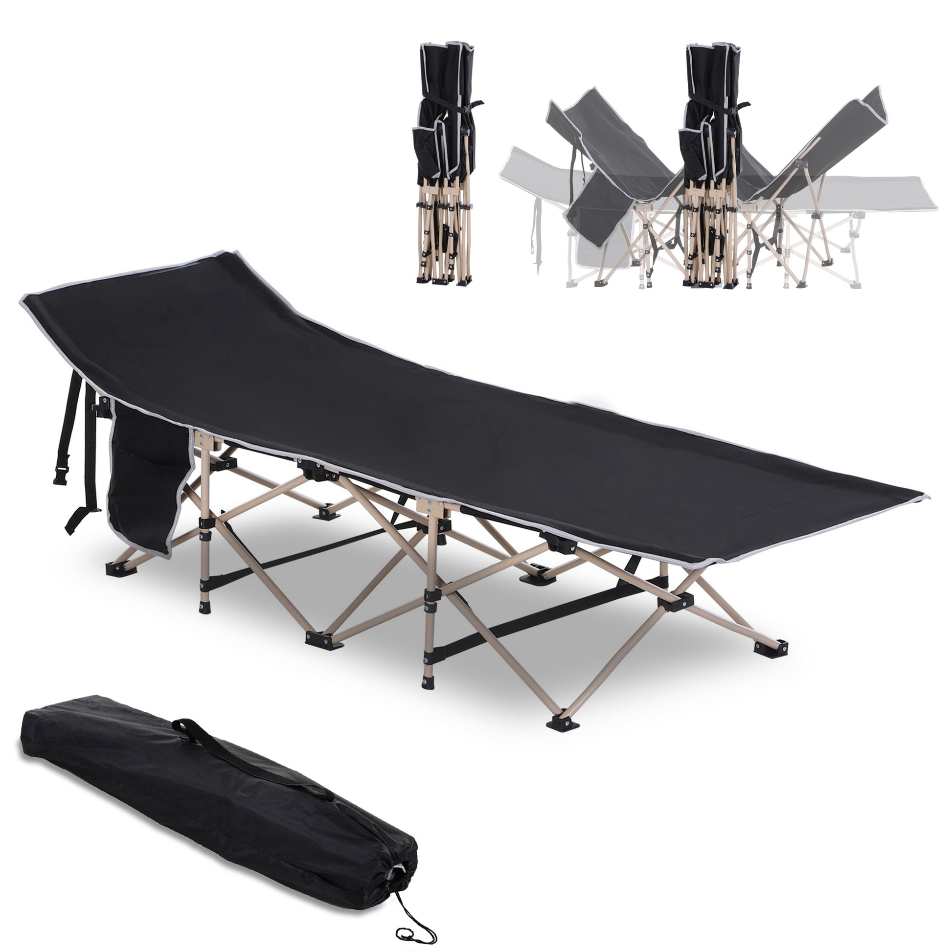 Outsunny Folding Camping Cot For Adults With Carry Bag, Side Pocket, Outdoor Portable Sleeping Bed For Travel, Camp, Vacation, 330 Lbs. Capacity, Black Black Steel