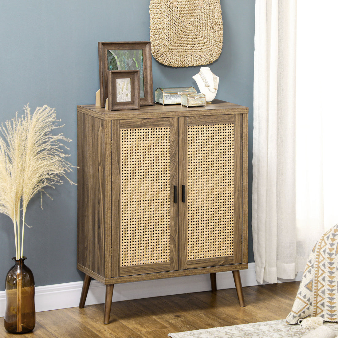 Homcom Sideboard Buffet Cabinet With Rattan Doors, Brown Brown Particle Board