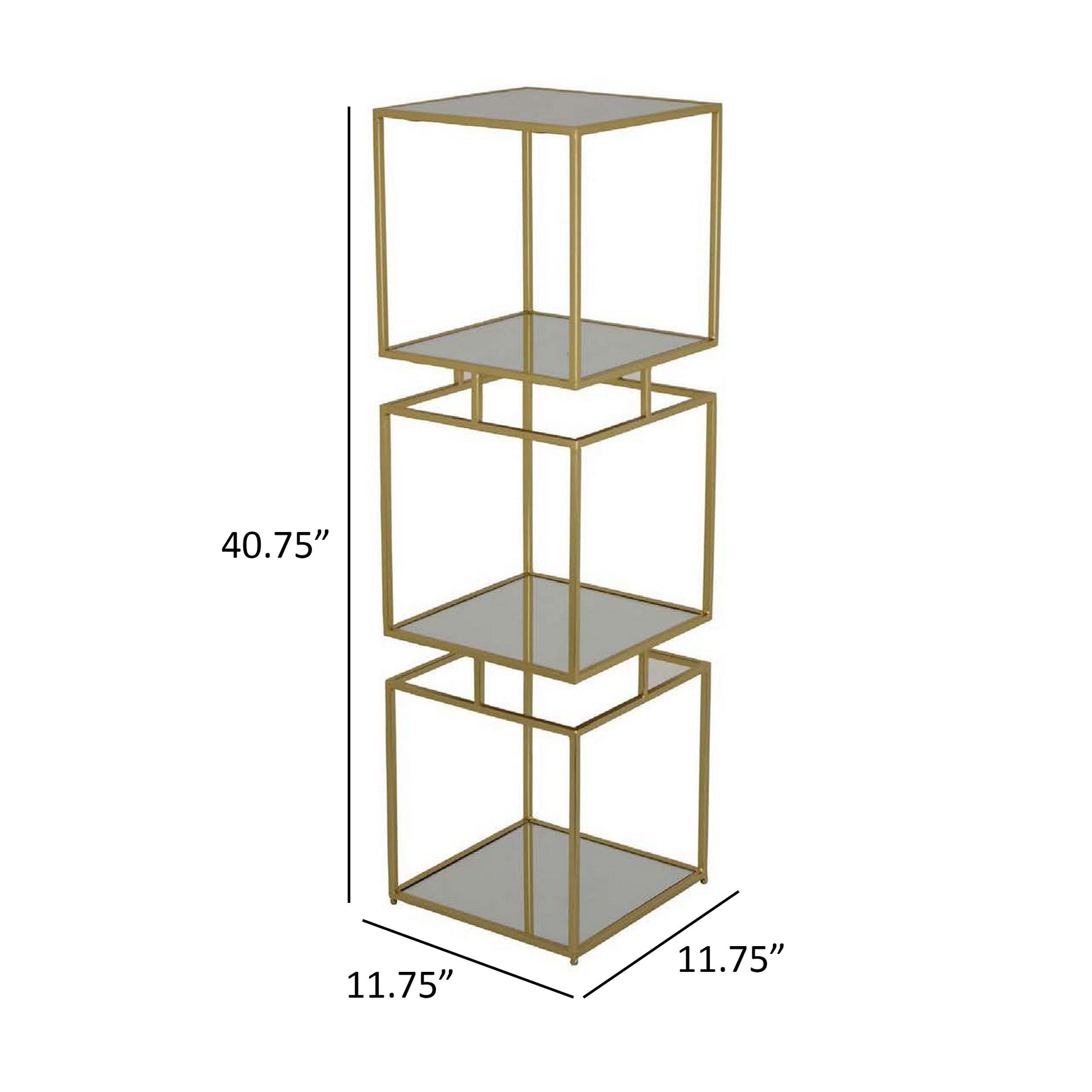 Joy 41 Inch Plant Stand Shelves, Mirrored Box Shape, 3 Tier, Gold Metal Gold Clear Metal