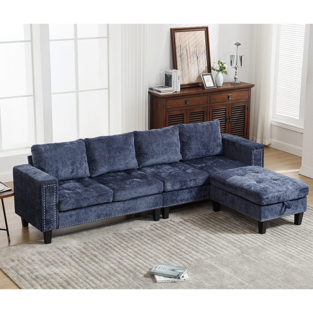 Arrived 5 Seat Modular Sofa,With Storage Ottoman, Convertible Sectional Sofa, L Shaped Couchreversible Chaise ,Riveted Sofa,Chenille, Blue Blue Polyester Wood Primary Living Space Medium Soft Cushion Back Modern Square Arms Foam Metal & Wood 5 Seat