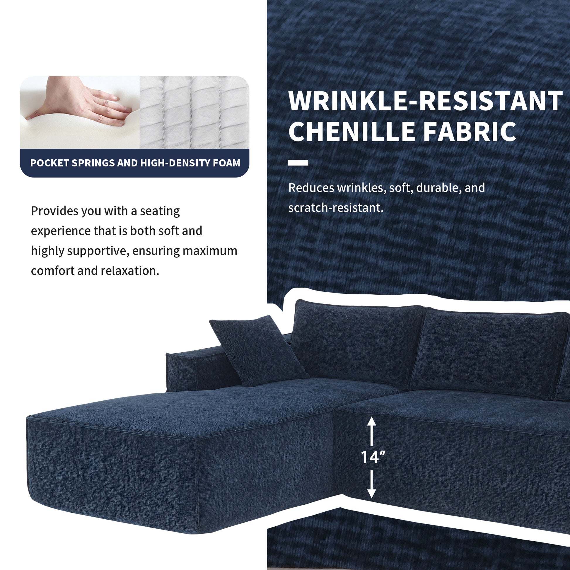 111.5*72"Minimalist Style Modular Sectional Sofa,Wrinkle Resistant Chenille Couch Set,L Shaped Sleeper Sofa Bed For Living Room,2 Pic Free Combination,No Assembly Require,3 Colors Dark Blue Chenille 4 Seat