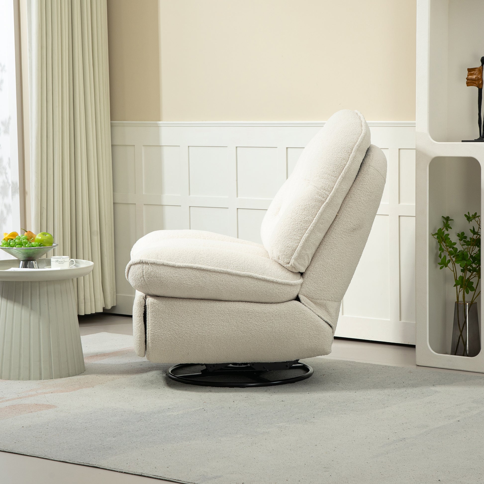 360 Swivel Recliner Adjustable Chair Chenille Glider Swivel Reclining Sofa Chair With Black Metal Round Base Beige Beige Foam Upholstered