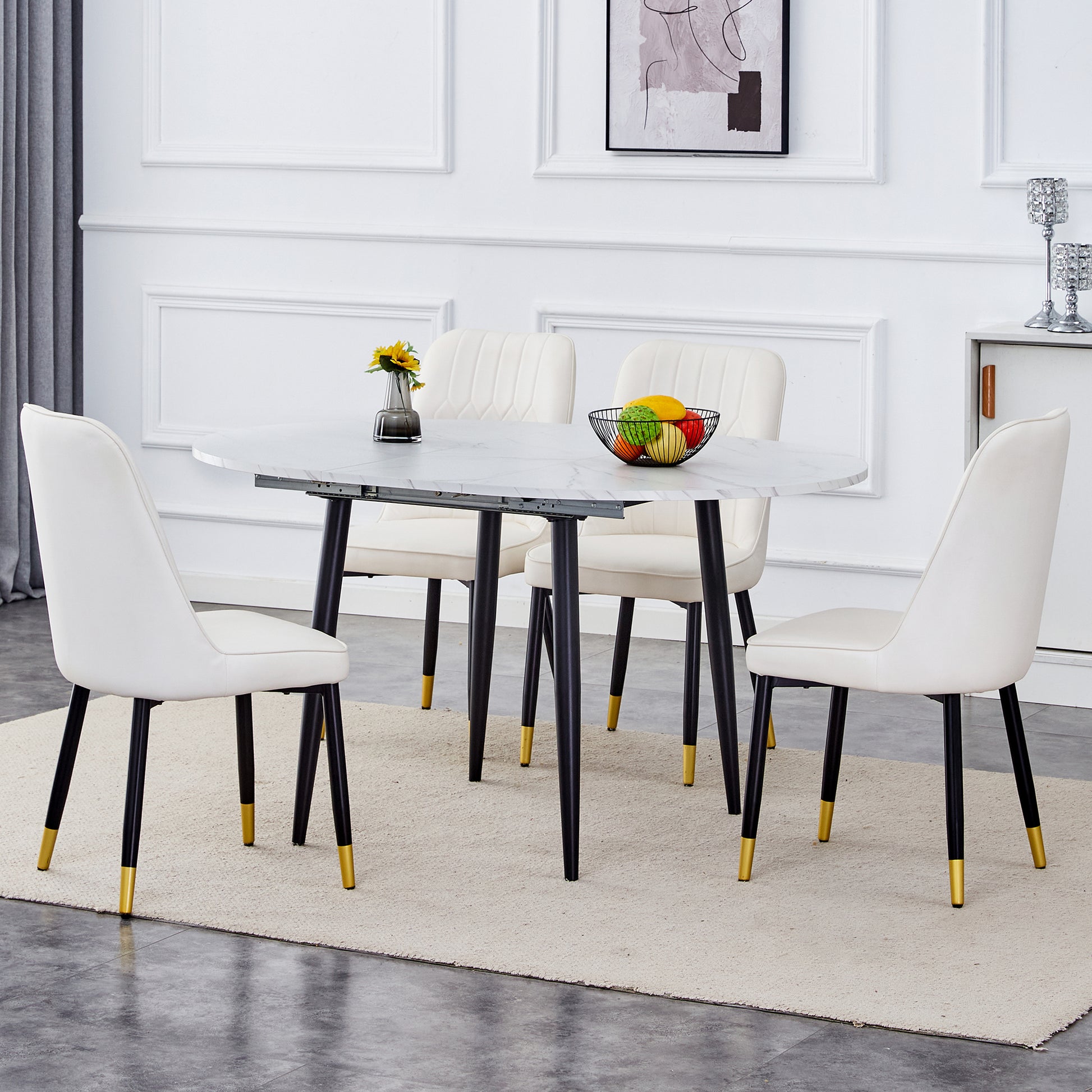 Table And Chair Set.Modern Extendable Mdf Dining Table.The Table Has A Telescopic Design, Suitable For Gatherings Of Different Size.Paired With 4 Chairs With Pu Cushions And Black Metal Legs. White Black Seats 4 Mdf Metal