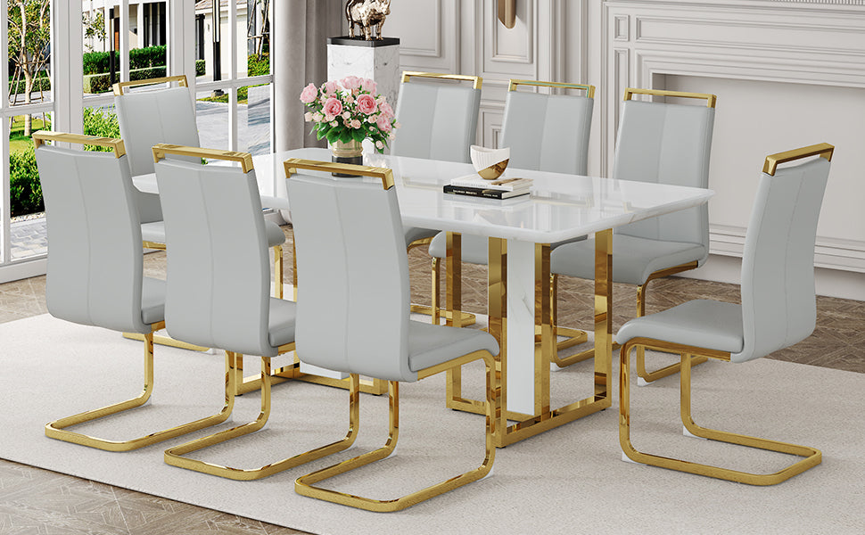 Table And Chair Set.67"X36" White Marble Pattern Mdf Dining Table Set With 8 Light Gray Pu Chairs.Mdf Sticker,White Marble Pattern Sticker,Gold C Tube Chair Legs,Suitable For Kitchen,Dining