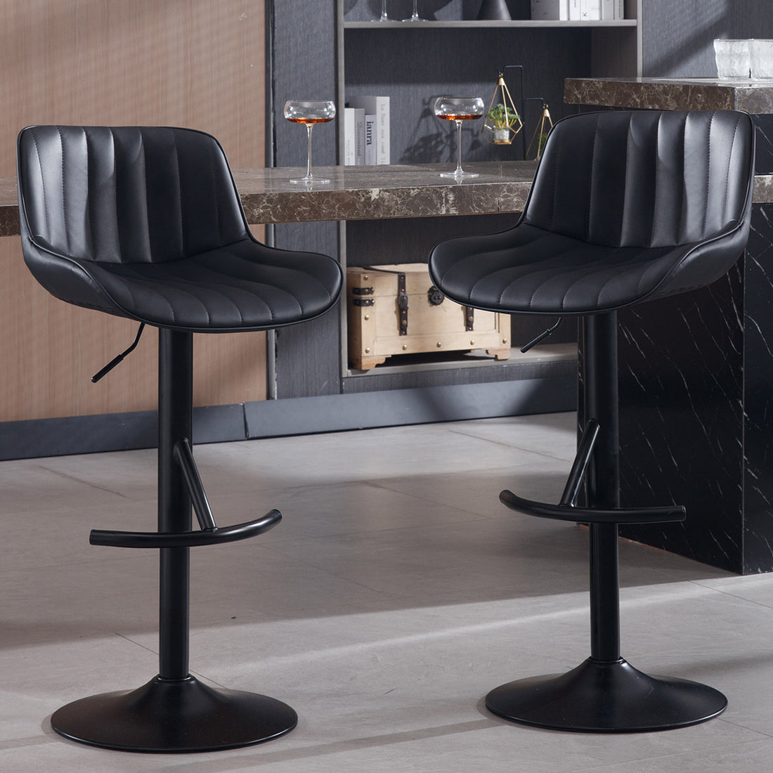 Adjustable Swivel Light Luxury Premium Bar Stool For Kitchen Counter And Dining Room Set Of 2 Black Black Steel