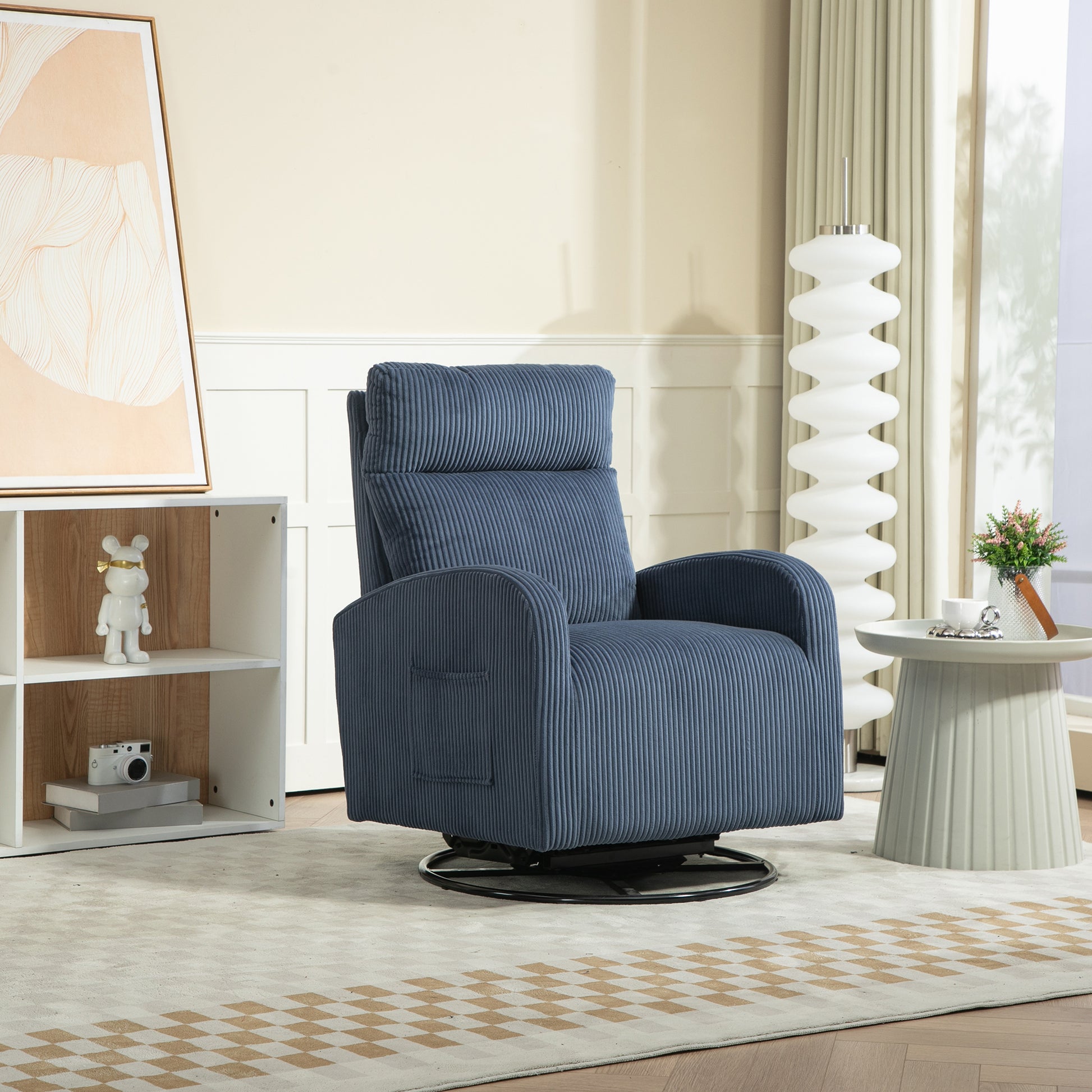 Jiada Upholstered Swivel Glider.Flannel Fabric.Rocking Chair For Nursery In Navy Blue.Modern Style One Left Bag Navy Blue Primary Living Space Foam Fabric Metal