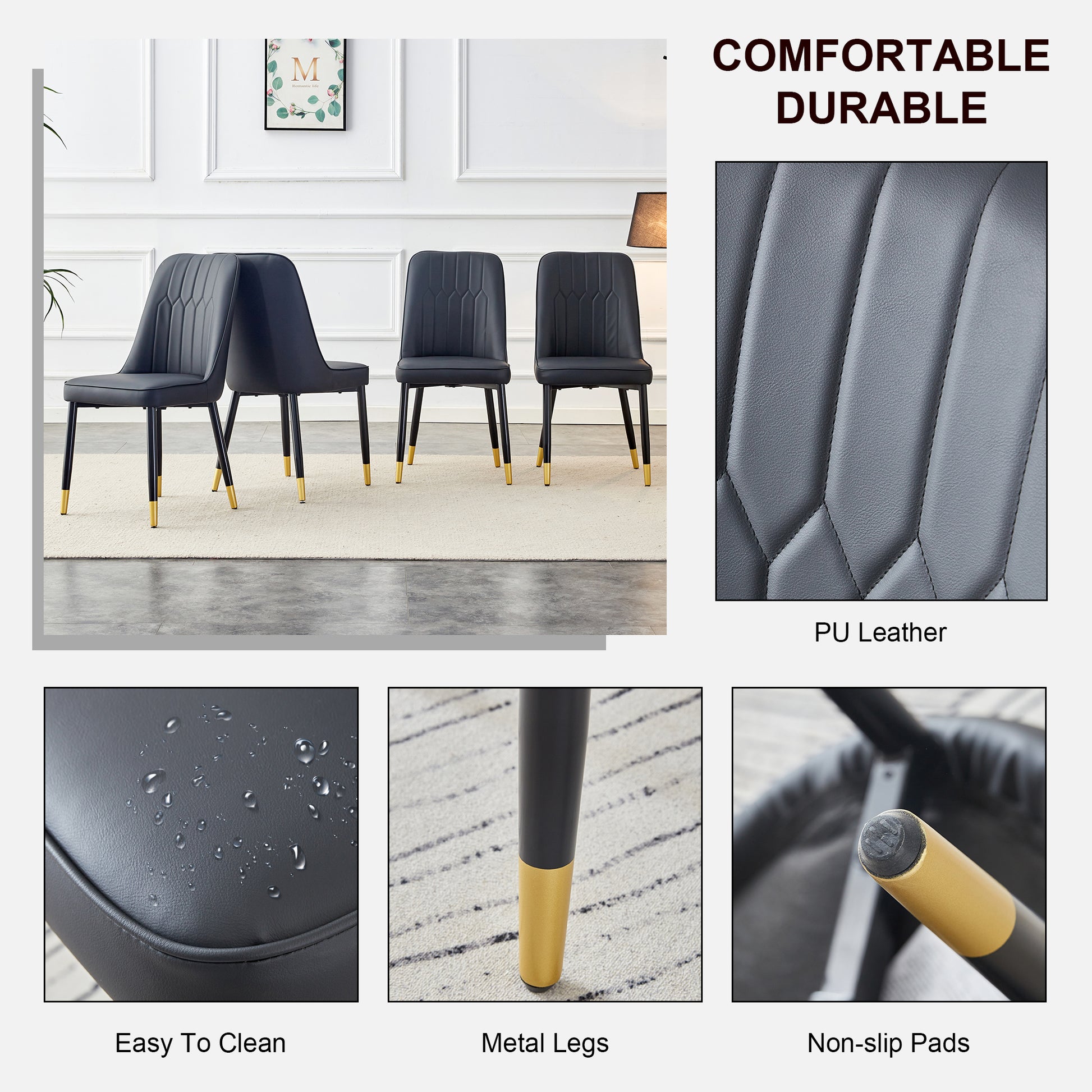 Table And Chair Set.The Table Has A Glass Top With Imitation Marble Pattern Stickers And Stainless Steel Golden Legs. Paried With Chairs With Pu Artificial Leather Backrest Cushions And Black Legs. Black Gold Seats 8 Glass Metal