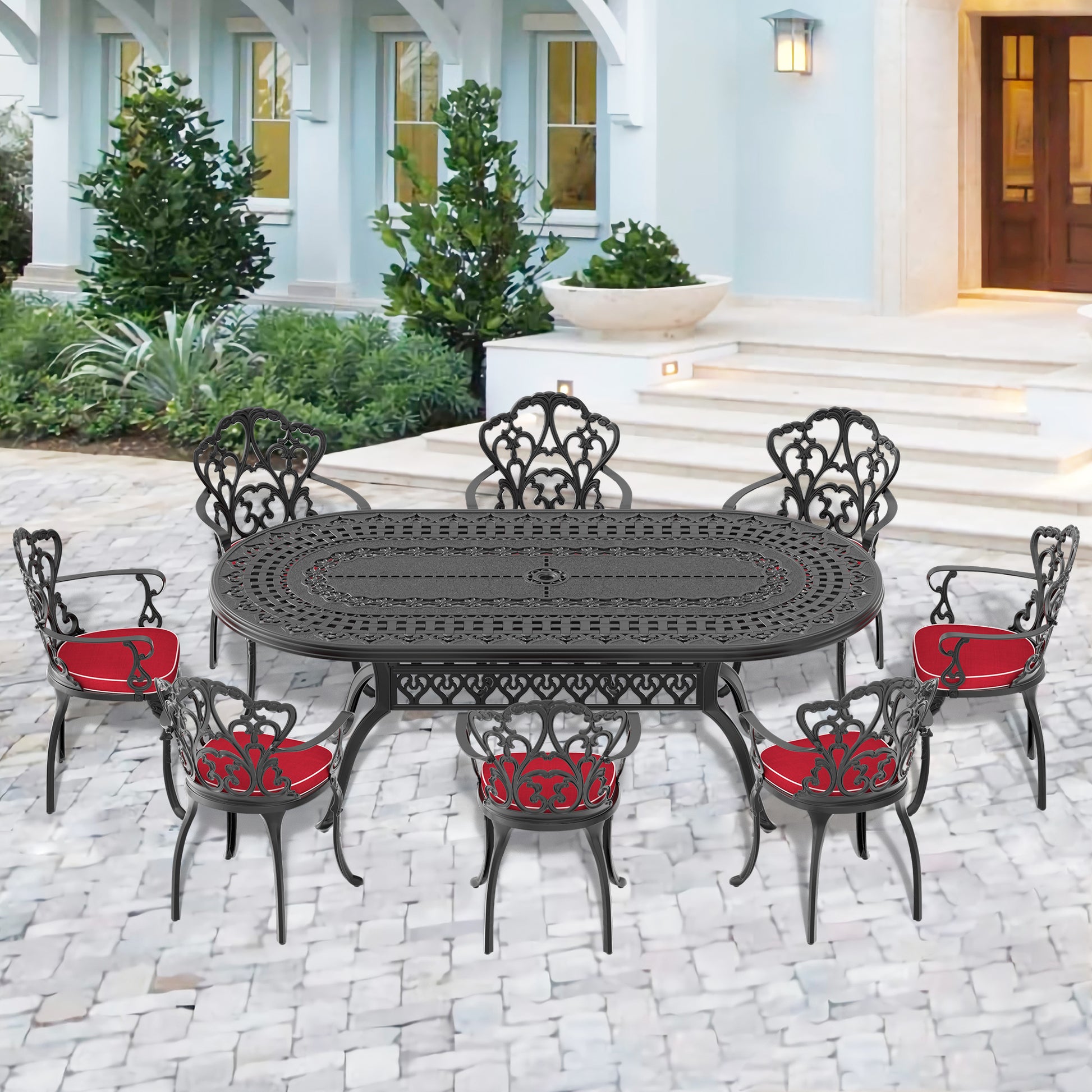 Cushions In Random Colors 9 Piece Set Of Cast Aluminum Patio Furniture With Cushions Yes Dining Set Black Seats 8 Rust Resistant Frame Water Resistant Cushion Garden & Outdoor Complete Patio Sets Aluminium