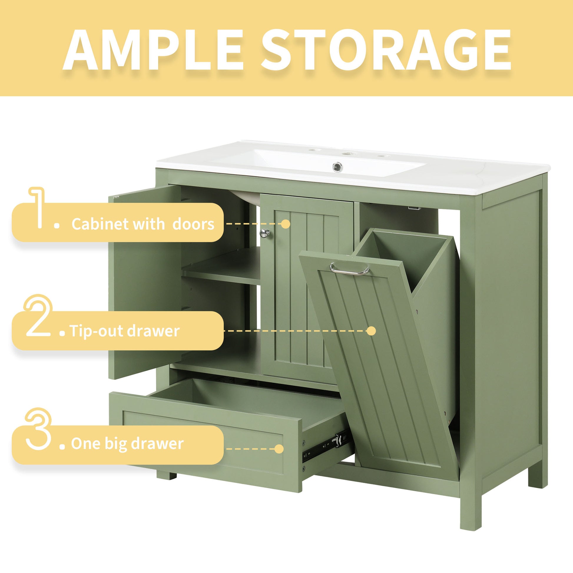 36" Bathroom Vanity With Sink, One Cabinet With Two Doors And One Big Drawer And One Flip Drawer, Solid Wood And Mdf Board, Green Green Solid Wood Mdf