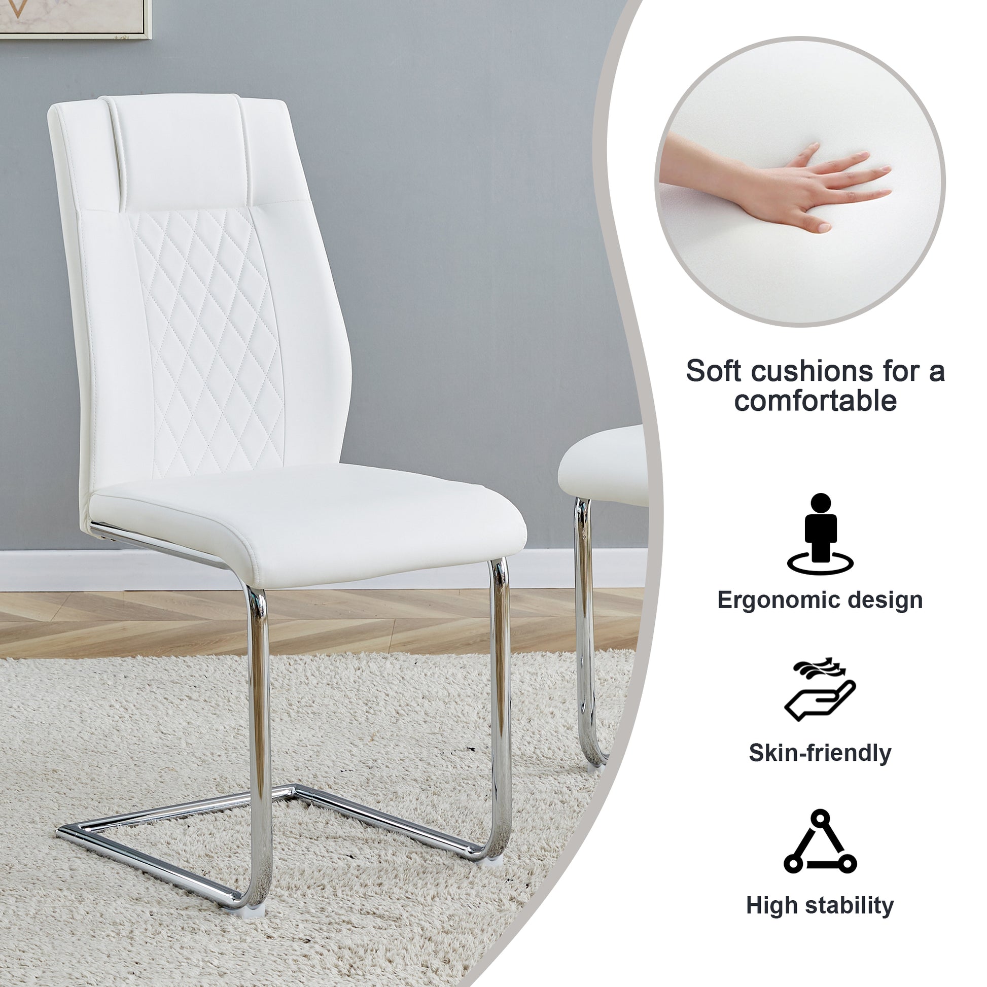 Table And Chair Set, Modern And Minimalist Dining Table. Imitation Marble Glass Sticker Desktop, Stainless Steel Legs, Stable And Beautiful. Comfortable Pu Seats. Dt 69 White Silver Glass