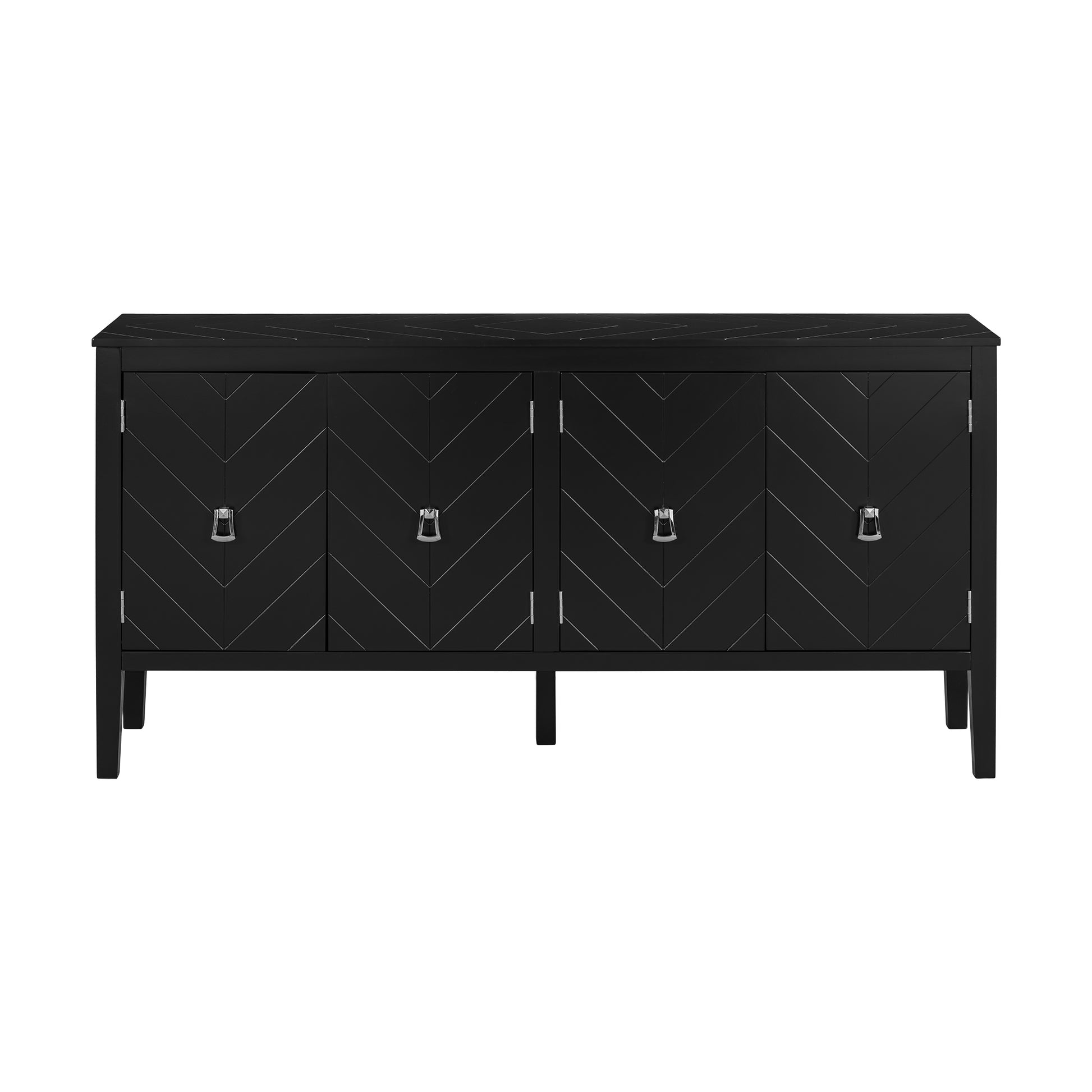 Four Door Sideboard With Geometric Line Patterns And Vintage Metal Handles For Timeless Elegance,Suitable For Living Rooms, Entrance And Study Rooms Black Primary Living Space American Design Mdf