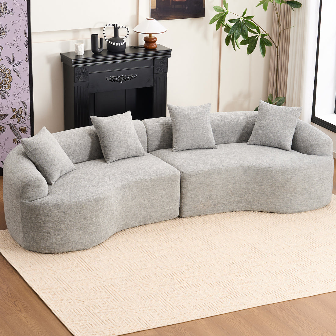 4 Seater Grey Sofa With Chenille Fabric, 30D ,60 Hardness Full Sponge,4 Pillow For Living Room, Home Furniture Sleeper Sectional Sofa For Apartment Grey Chenille Primary Living Space Medium Firm