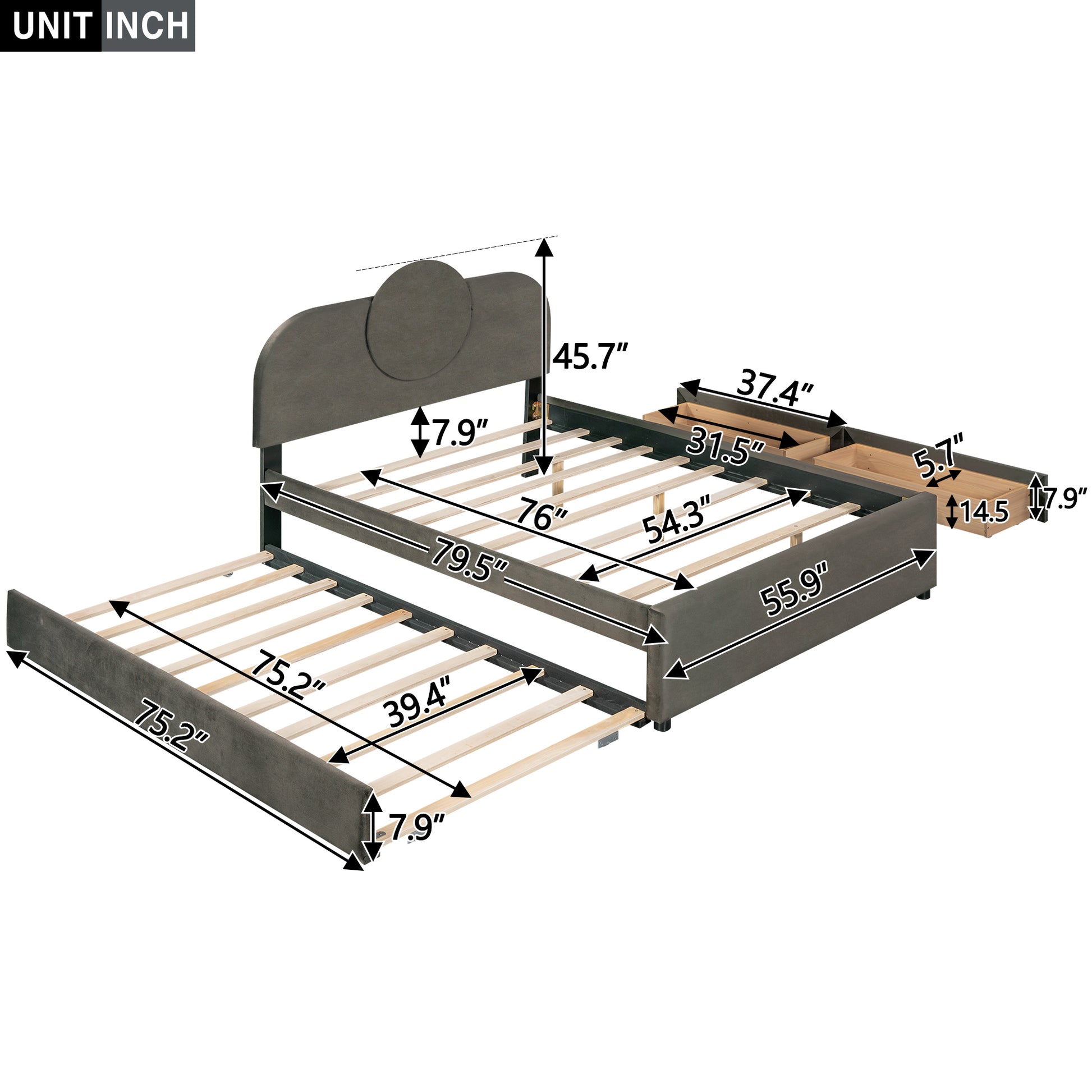 Full Size Upholstered Platform Bed With Multi Functional Led Headboard, Trundle And 2 Drawers, Gray Box Spring Not Required Full Gray Wood Bedroom Upholstered