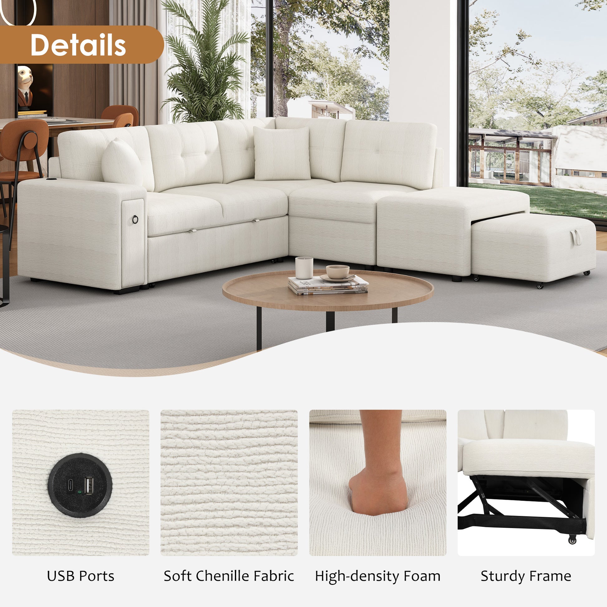 86.6" Sectional Sofa L Shaped Sofa Couch Pull Out Sofa Bed With A Movable Ottoman, Two Usb Ports And Two Cup Holders For Living Room, Beige Beige Foam Chenille 4 Seat