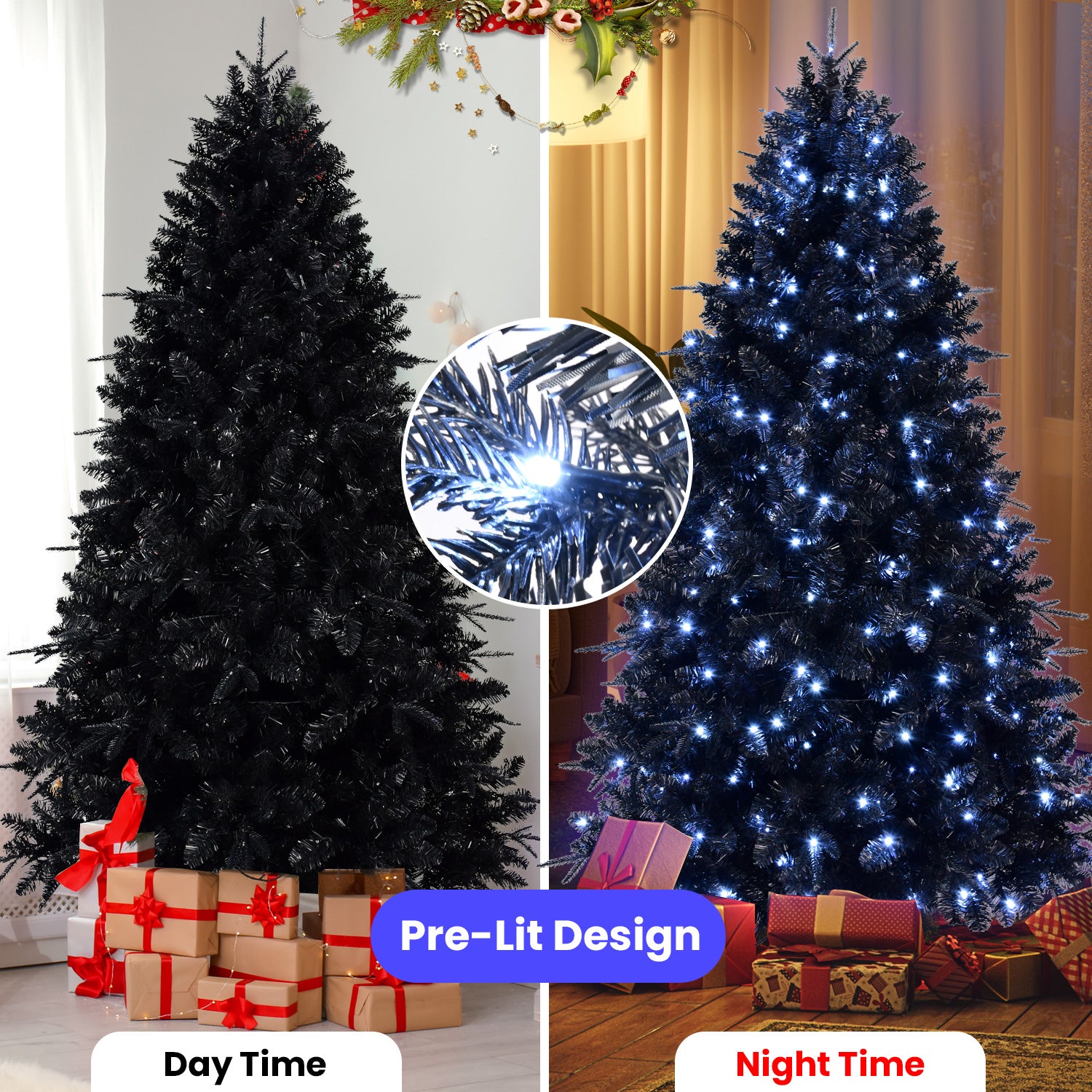 9Ft Pre Lit Black Christmas Tree, Full Halloween Xmas Artificial Tree 3176 Branch Tips, 750 Lights, Metal Hinges, Foldable Base, Holiday Decoration Black Black Polyethylene