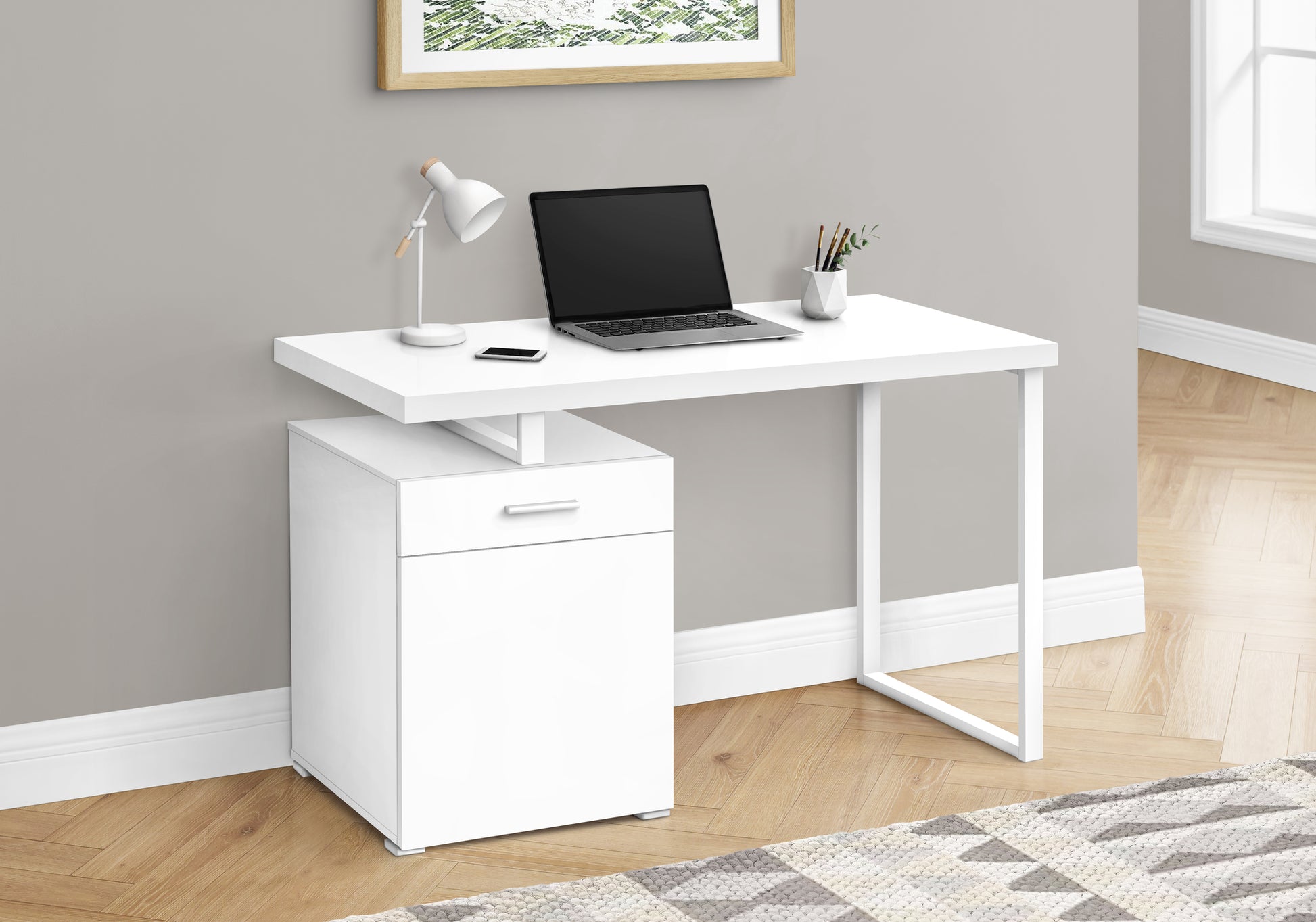 Computer Desk, Home Office, Laptop, Left, Right Set Up, Storage Drawers, 48"L, Work, White Laminate, White Metal, Contemporary, Modern White Particle Board