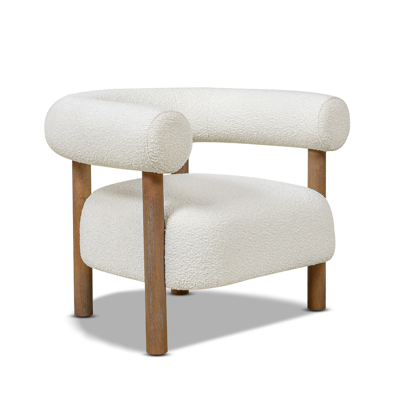 Fuji 37" Mid Century Modern Barrel Accent Arm Chair, Ivory White Boucle White Foam Boucle