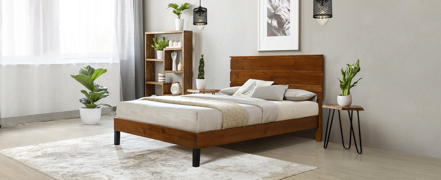 Mid Century Modern Solid Wood Bed Frame Queen Size Platform Bed With Three Piece Headboard Design, No Box Spring Needed, Brown Queen Brown Pine