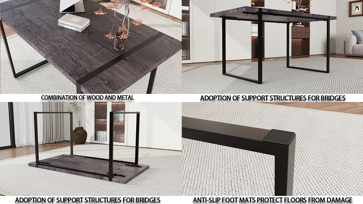 59 "Rural Industrial Rectangular Mdf Black Dining Table Set And Pu Armless Dining Chair Set, 6 Pieces. Kitchen Black Metal Table Leg Dining Chair Set Black Mdf