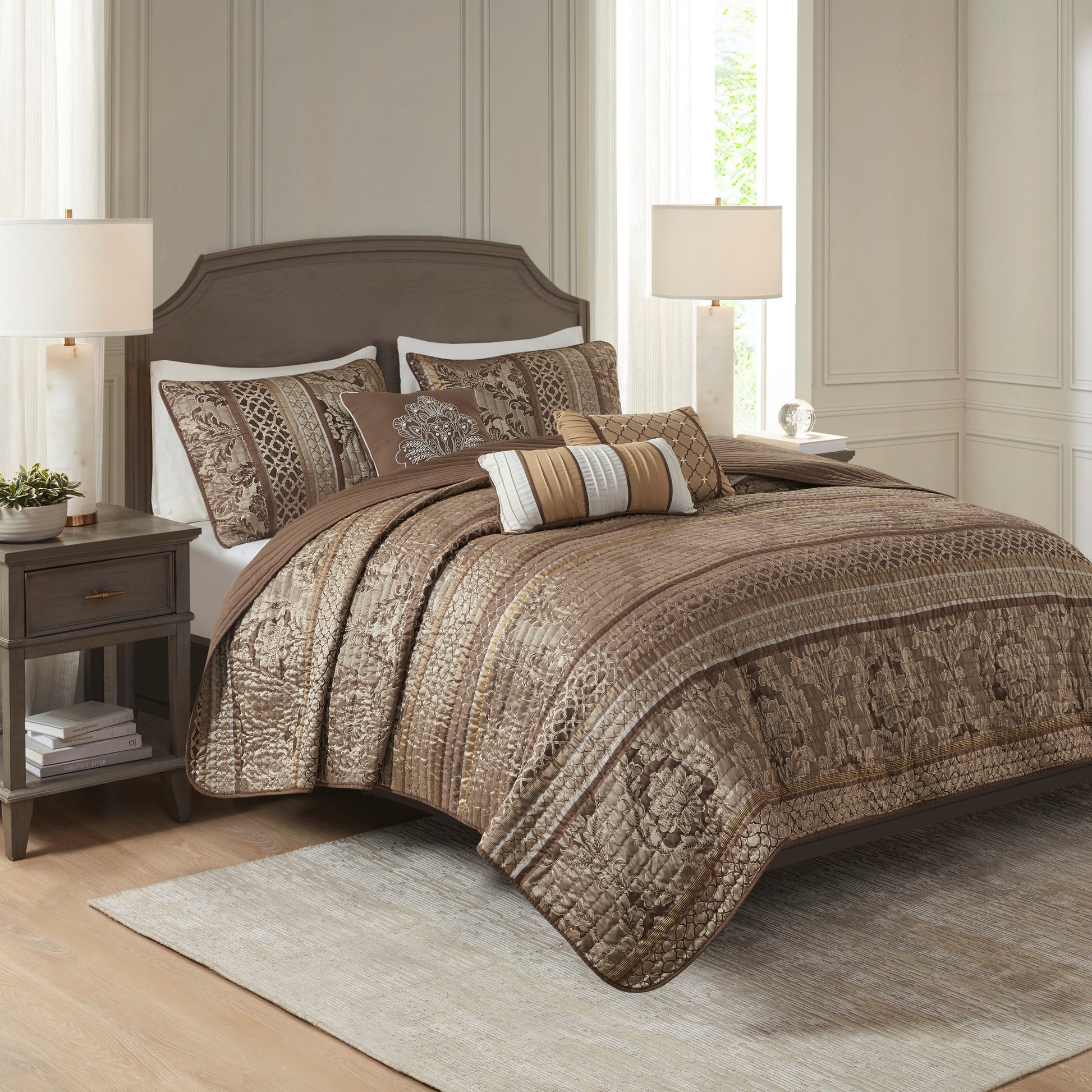 6 Piece Jacquard Quilt Set With Throw Pillows Brown Gold Full Queen Full Brown Gold Cotton