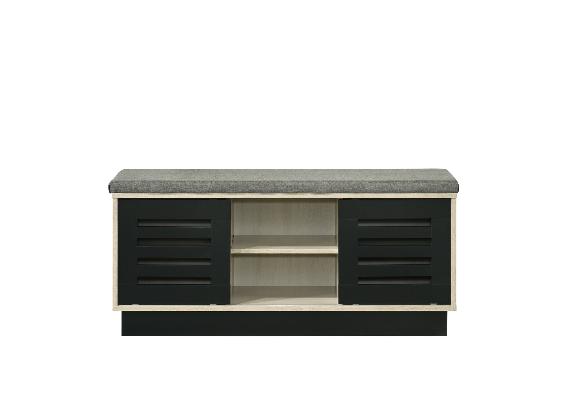 Brett 38.5"W Oak Finish Shoe Cabinet With Sliding Doors, Upholstered Top Oak Engineered Wood