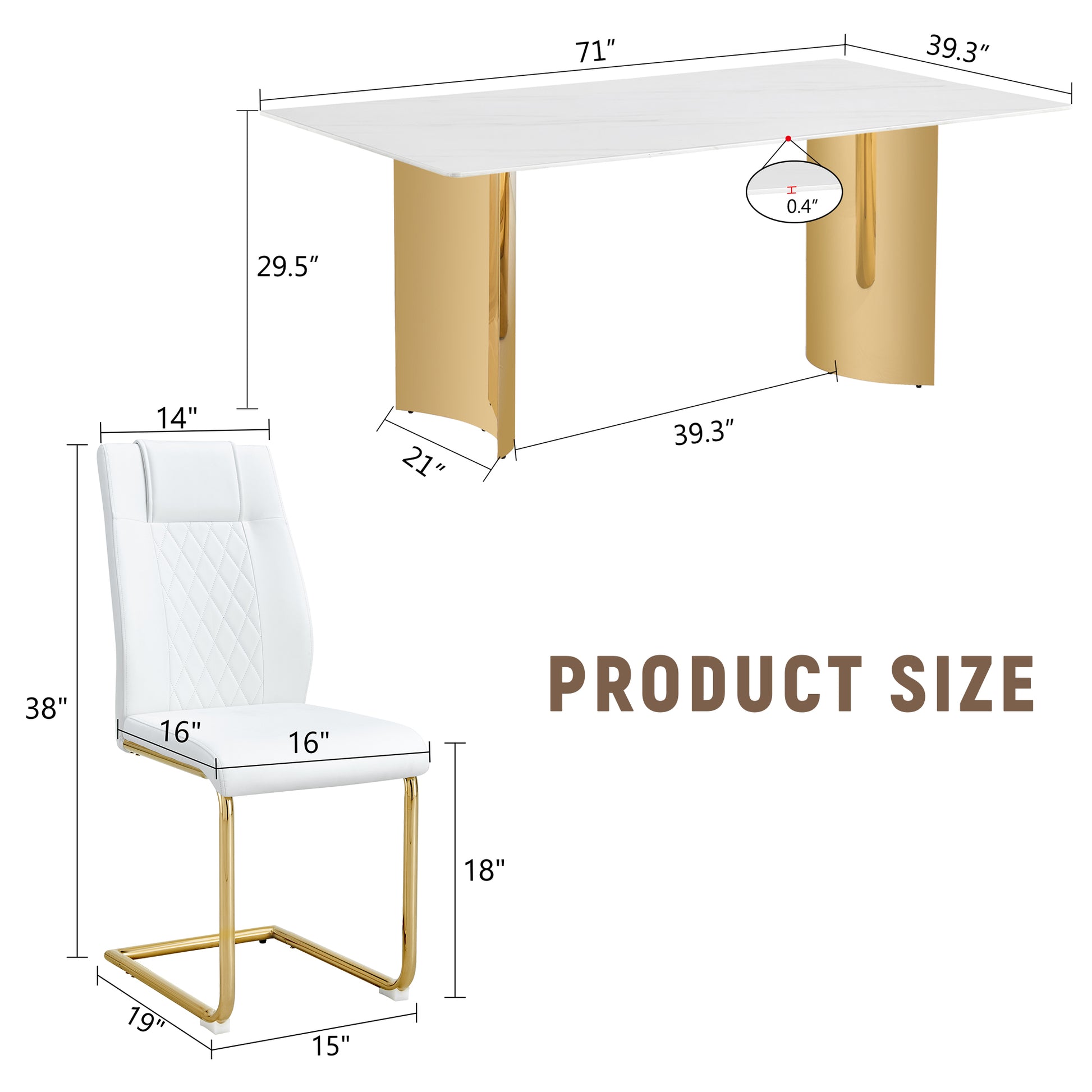 Table And Chair Set.The Table Has A Glass Tabletop With Imitation Marble Pattern Stickers And Stainless Steel Golden Table Legs. Paried With Comfortable Chairs With Pu Seats And Metal Legs. White