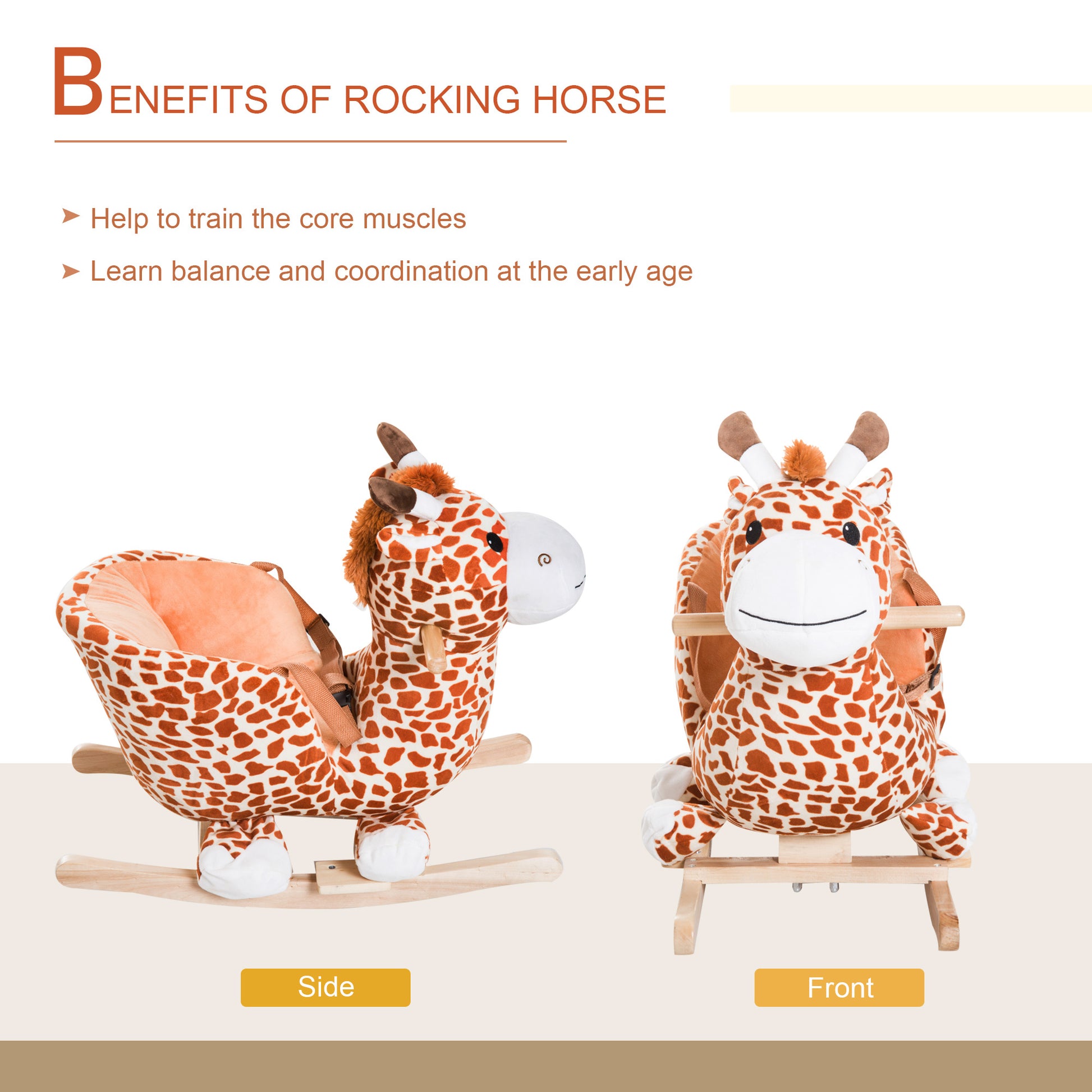 Qaba Kids Plush Rocking Horse Giraffe Style Themed Ride On Chair Toy With Sound Brown Brown Wood