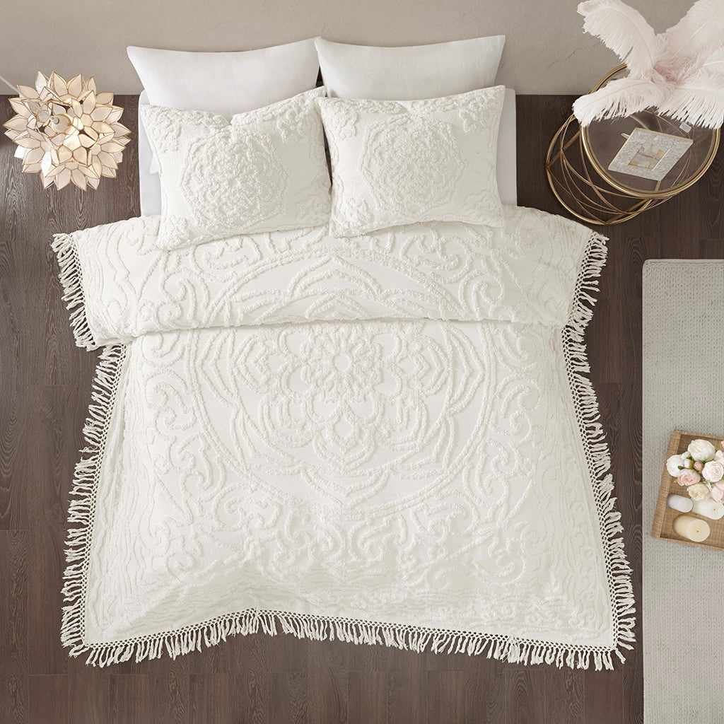 Tufted Cotton Chenille Medallion Fringe Coverlet Mini Set Off White Full Queen Full Off White Cotton