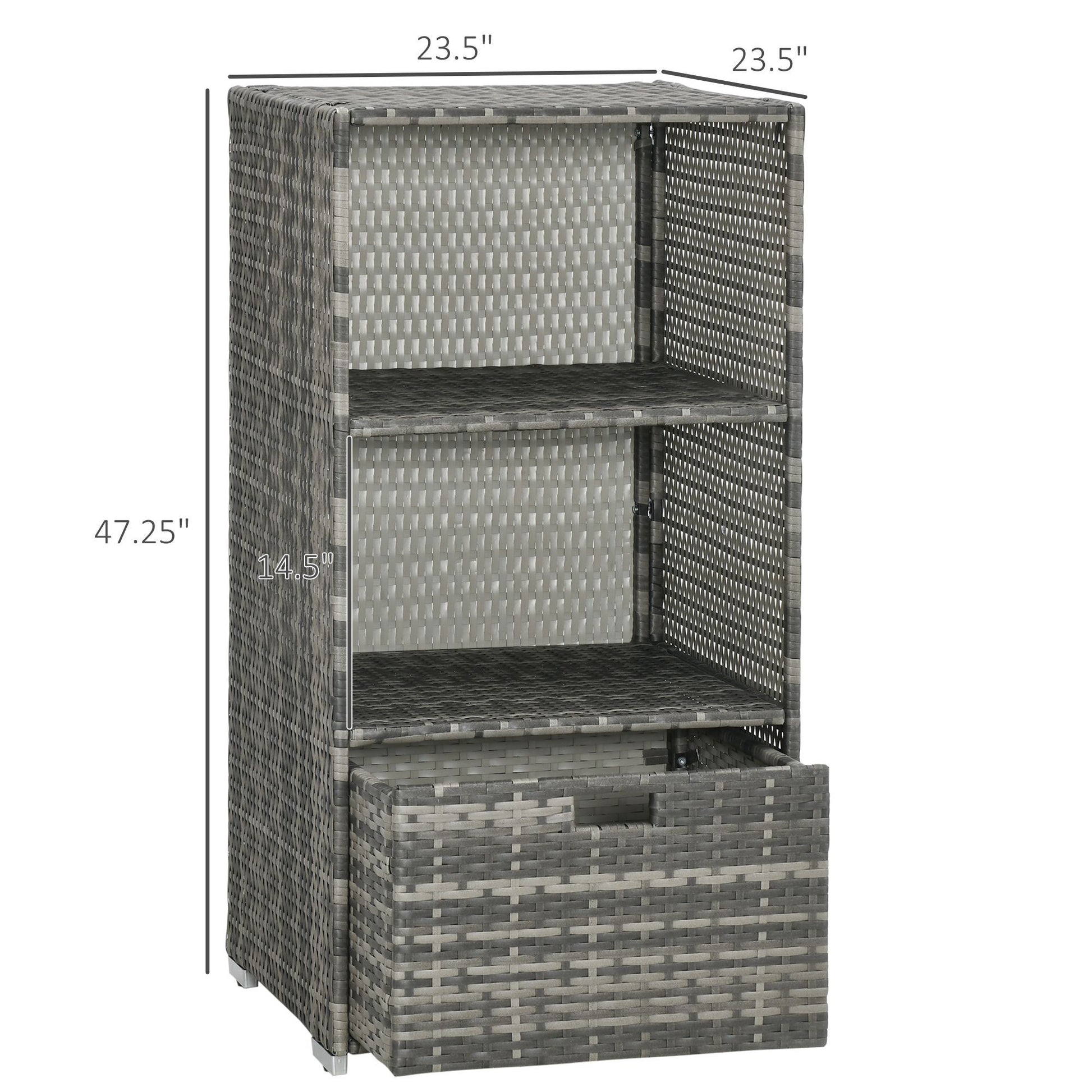 Outsunny Valet Pool Towel Rack, Waterproof Pe Plastic Rattan Wicker Storage Organizer, Indoor Outdoor Spa, And Hot Tub Accessory Storage, 2 Shelves, 1 Basket Drawer, Gray Grey Rattan