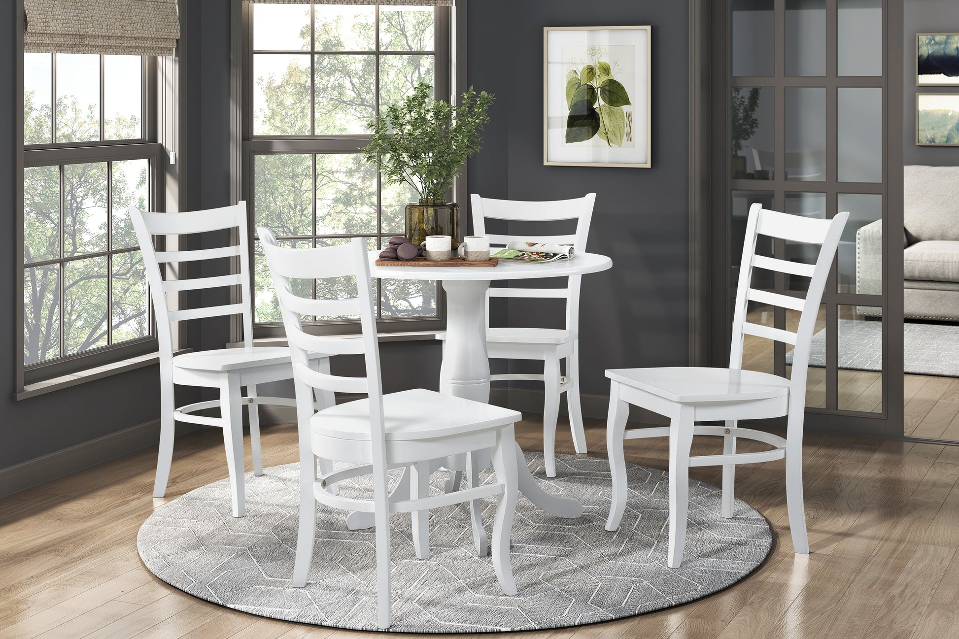 White Finish 5Pc Dining Set Round Table And 4 Chairs Set Wooden Ladder Back Casual Farmhouse Style Kitchen Dining Room Furniture Wood Wood White Ladder Back Seats 4 Wood Dining Room Casual,Farmhouse