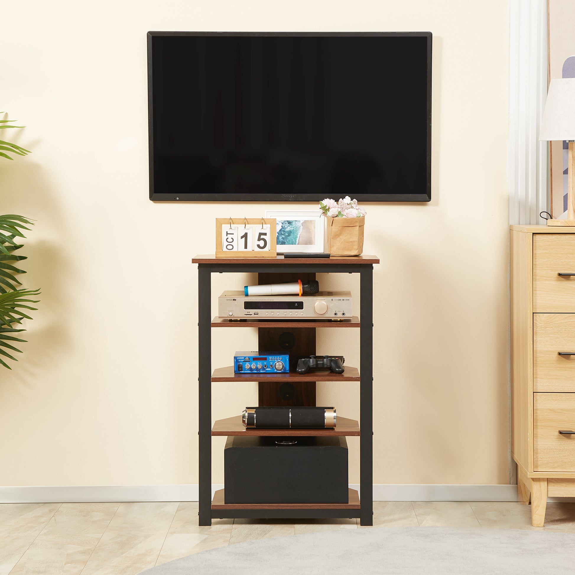 Homcom Tv Stand, Av Media Stand, Corner Audio Tower With Storage Shelves And Steel Frame, Living Room Storage, Brown Brown 50 59 Inches Particle Board