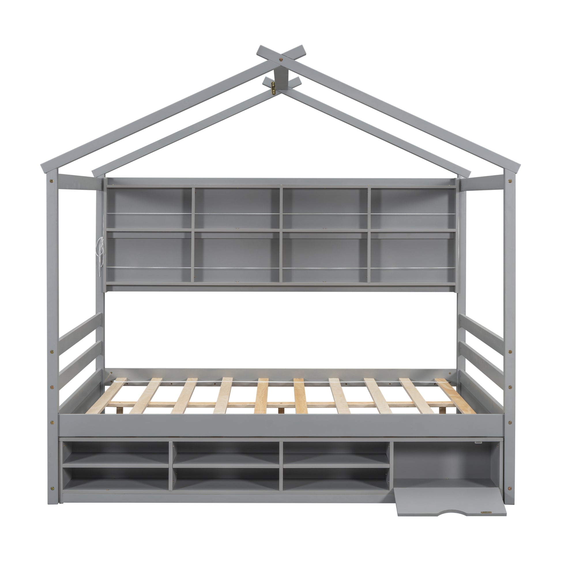 Full House Bed With Roof Frame, Bedside Shelves, Under Bed Storage Unit,Grey Full Grey American Design Pine