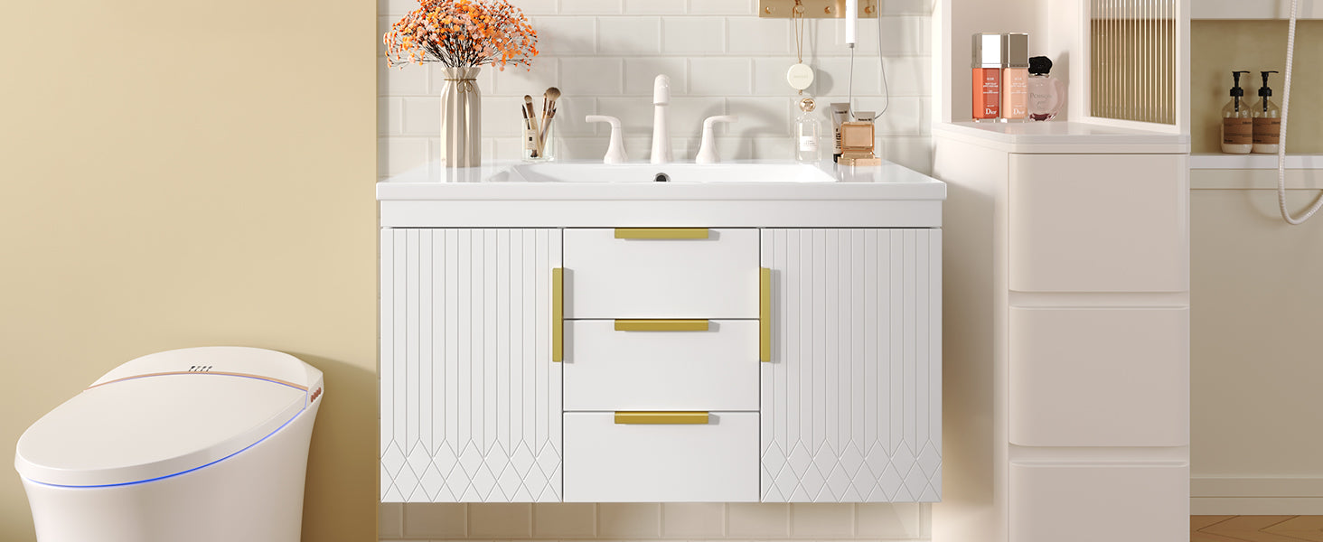 36'' Wall Mounted Bathroom Vanity With Resin Sink, Floating Bathroom Storage Cabinet With 2 Drawers, Solid Wood Bathroom Cabinet White Bathroom Modern Mdf