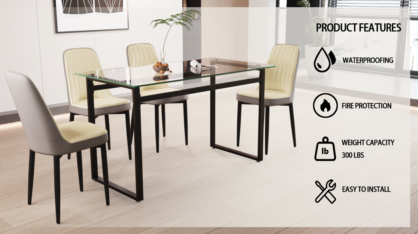 51" 4 Person Glass Dining Table Set, Kitchen Set With Black Metal Leg Dining Table And Chairs, Modern Rectangular Tempered Glass Tabletop And Dining Room Thick Cushioned Pu Dining Chair Beige Black