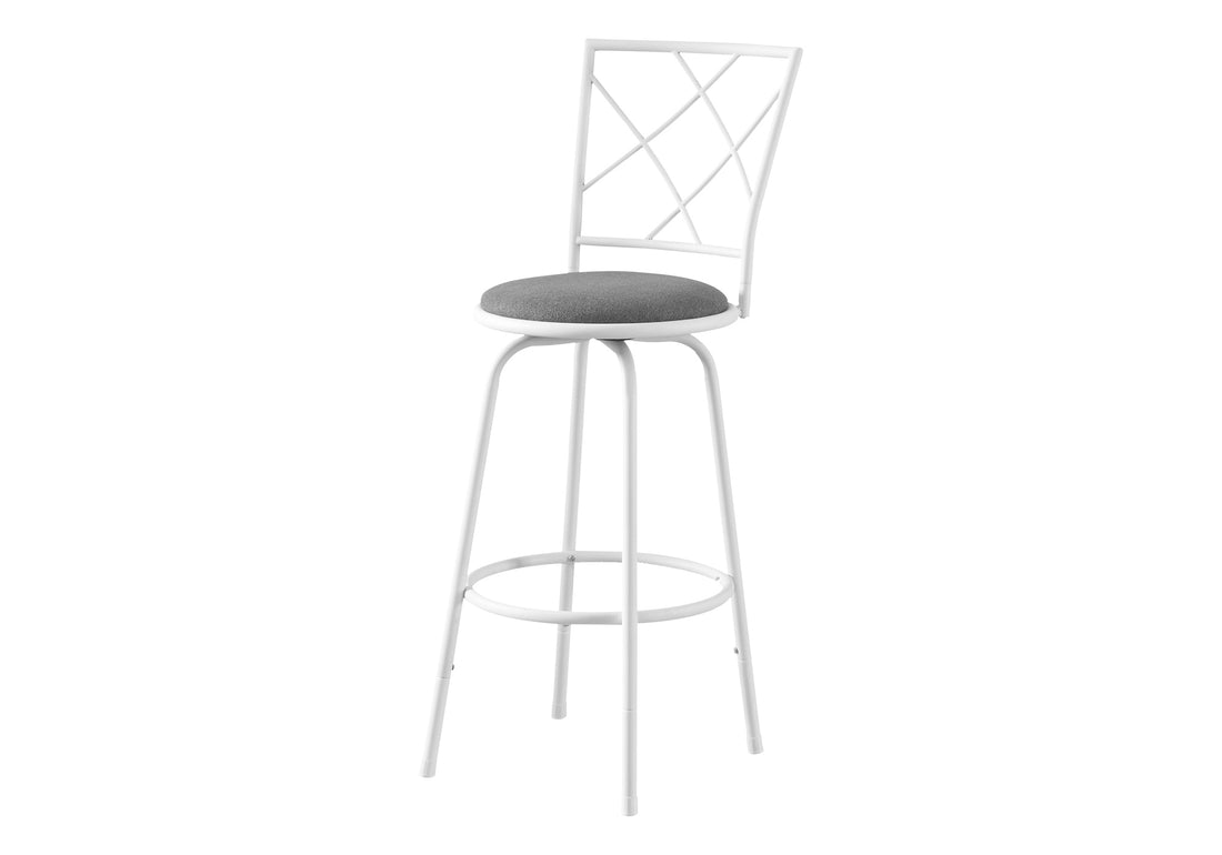 Bar Stool, Set Of 2, Swivel, Bar Height, White Metal, Grey Fabric, Contemporary, Modern White Foam Metal